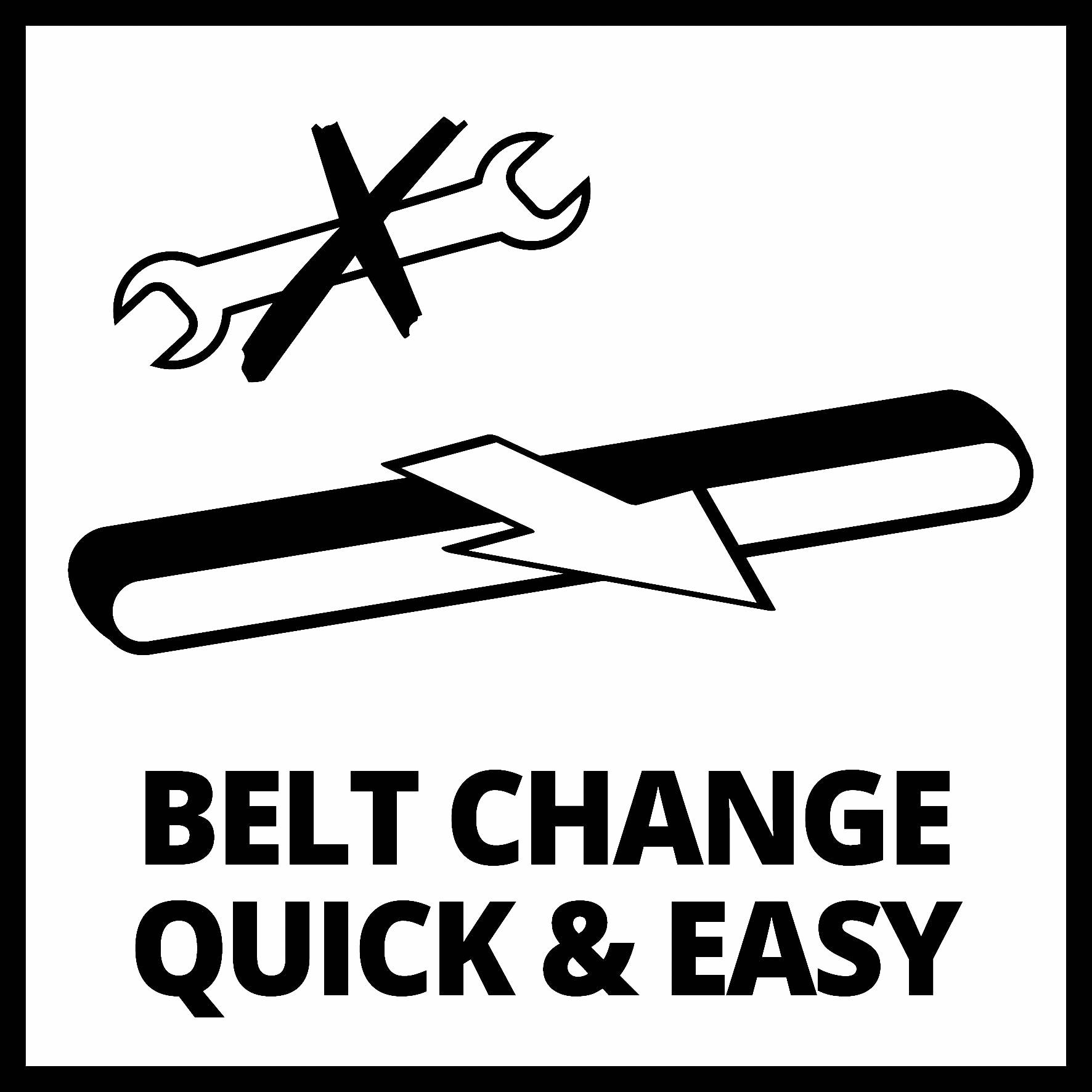 Verktyglöst, snabbt och enkelt rembyte, illustrerat med en genomstruken skiftnyckel-symbol.
