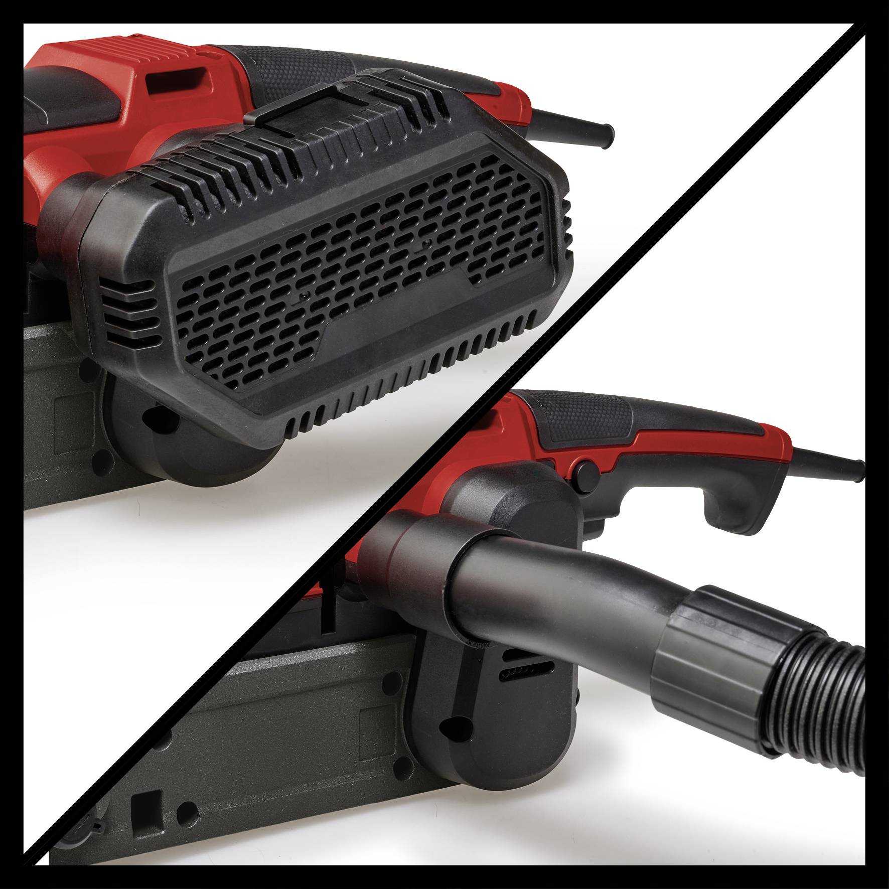 En röd och svart elektrisk hantverkarverktyg visas från två perspektiv: en närbild av det främre gallret och slangkopplingen.