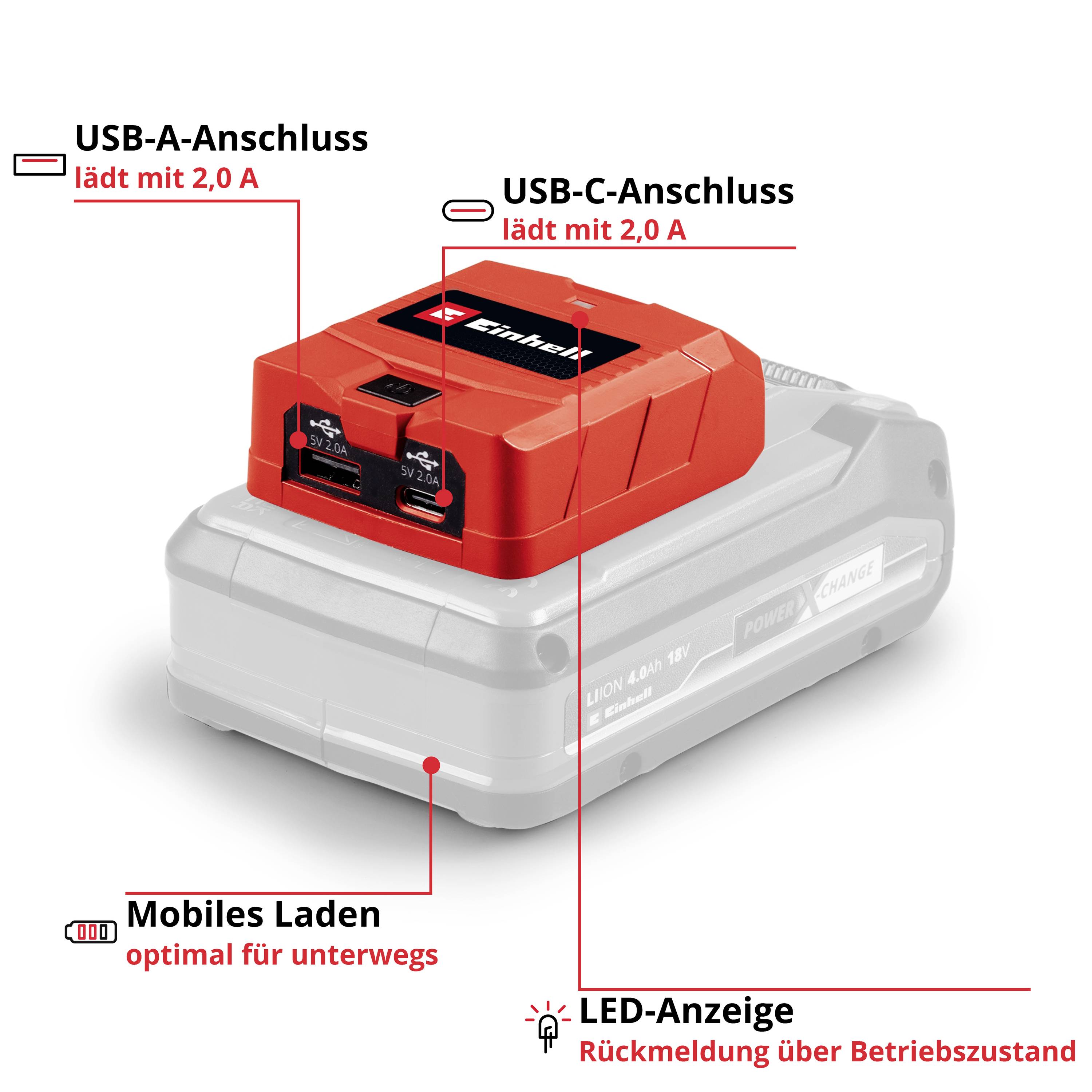 Powerbank med USB-A och USB-C-anslutningar; laddar med 2,0 A. LED-indikator visar driftstatus. Praktisk för laddning på resande fot.