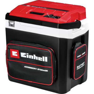 'Portabel kylbox med Einhell-logotyp och batteripowerbank-alternativ. Svart hölje med röd lock och extra tillbehörsväska.'