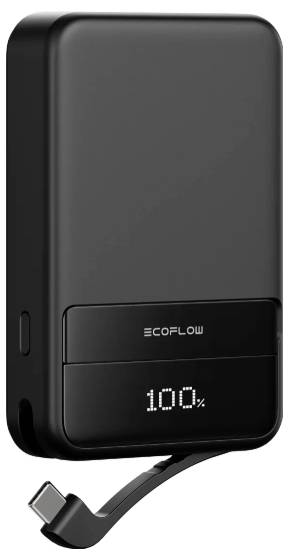 En bärbar powerbank från EcoFlow med ett integrerat laddningskabel och en digital display som visar '100%'.