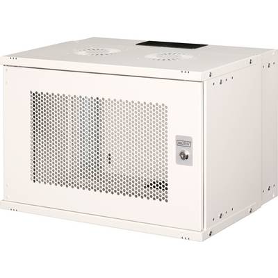 Ett vitt metallhöljen med en perforerad frontpanel och ett lås, konstruerat för säker utrustningsförvaring och ventilation.
