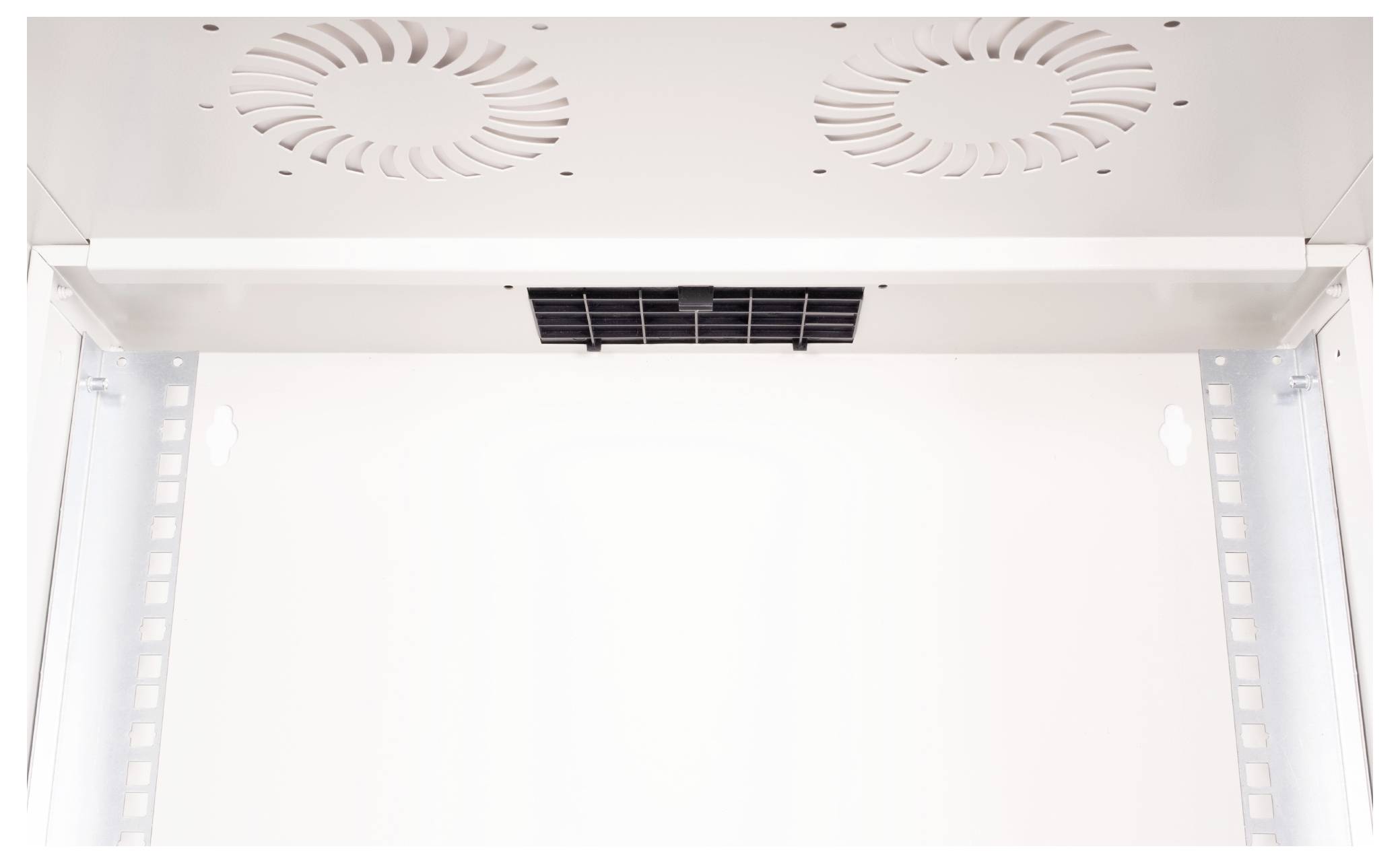 En vit serverracktak med fläktar och ett centralt luftintag, utformat för kylning av serverutrustning i datacenter.
