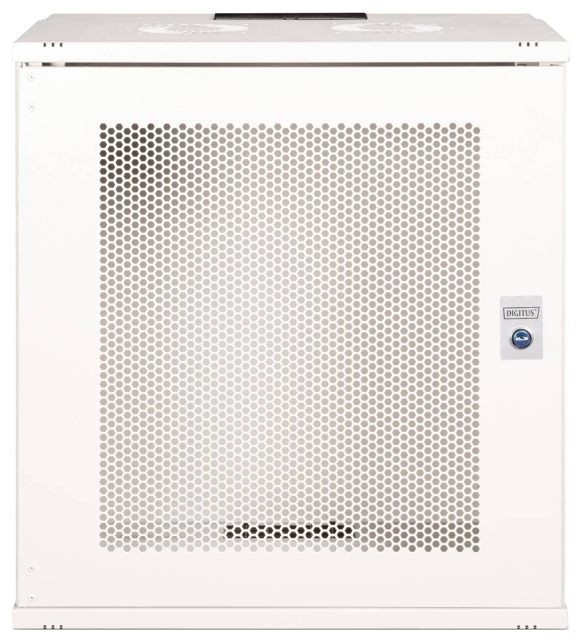 En vit metallskåp med en perforerad dörr och ett lås. Den har en kompakt design och är sannolikt avsedd för säker förvaring av elektronisk utrustning.