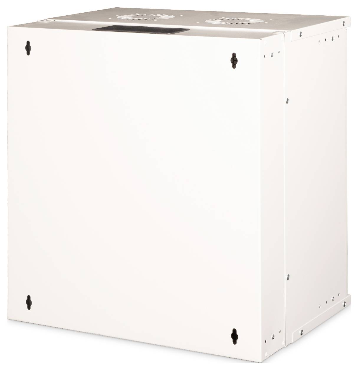 En vit metallisk elinstallationslåda med ventilationshål på ovansidan och monteringsfästen på sidorna.