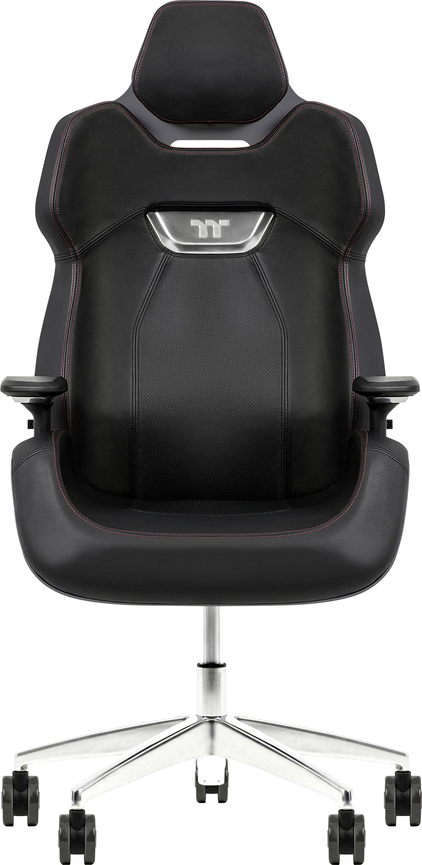 Svart gamingstol med ergonomisk design, vadderade armstöd och justerbart ryggstöd på en silverfärgad roterande bas.