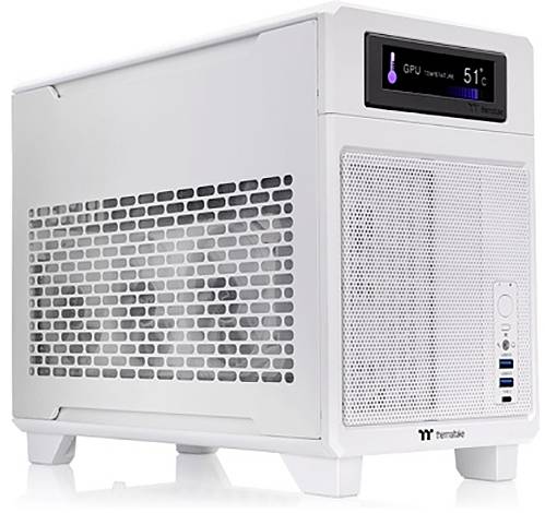 Ett vitt datorhölje med temperaturvisning. Det visar en GPU-temperatur på 51°C. Framtill finns ventilationsöppningar och anslutningsportar.