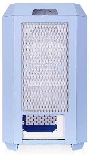 Ljusblått, rektangulärt PC-hölje med ventilationsgaller på sidan och ett öppet nedre fack.