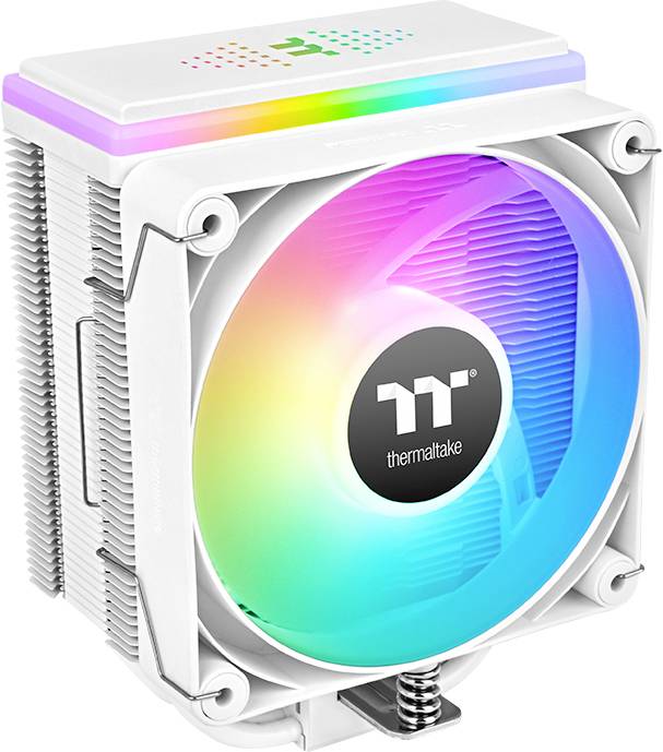 En vit datorkylfläkt med RGB-belysning från Thermaltake. Fläkten har en rund design med en central logotyp.