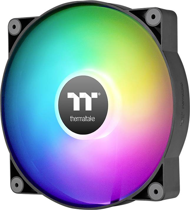 En datorfläkt med RGB-LED:er visar lysande regnbågens färger. I mitten finns Thermaltake-logotypen.