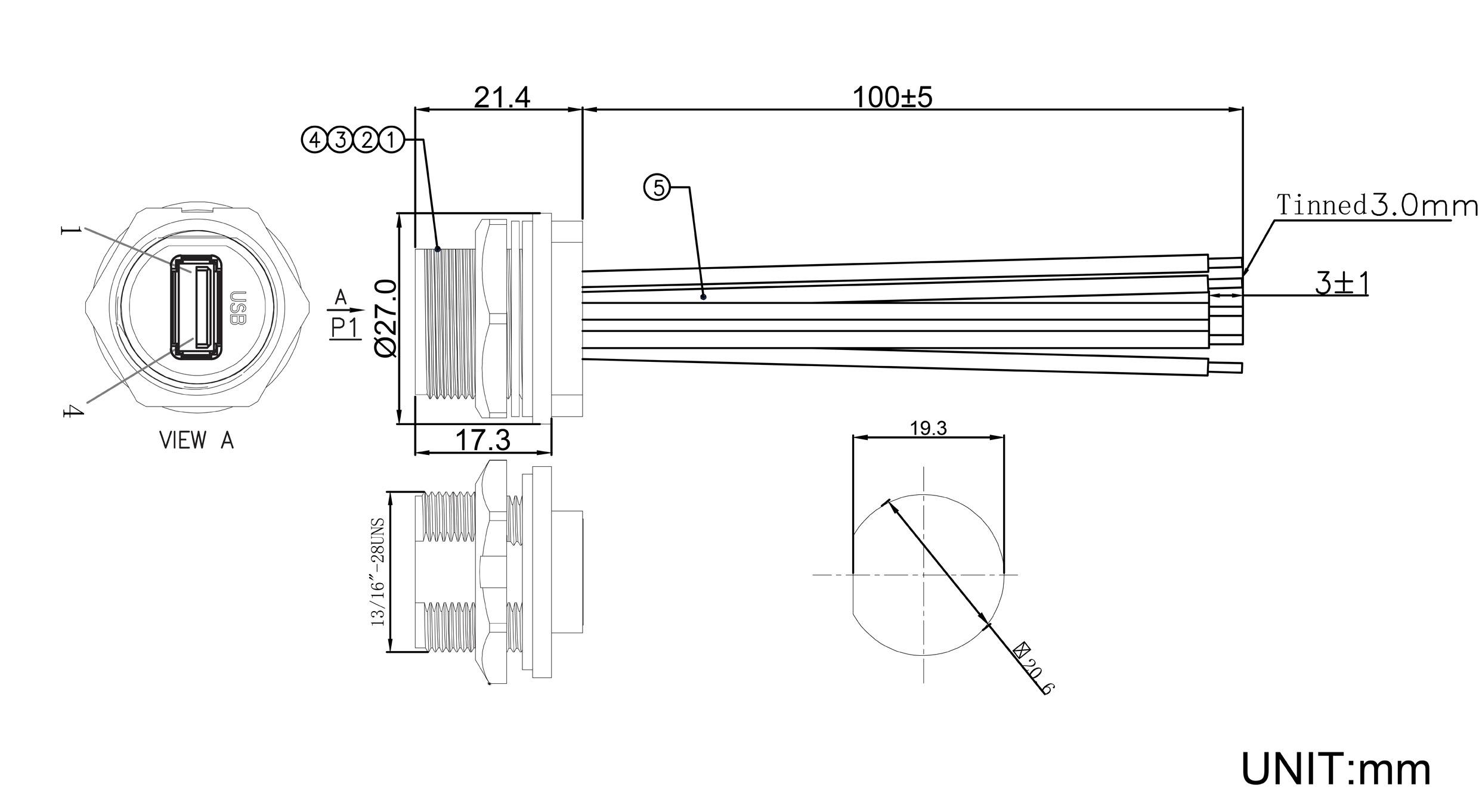 'Teknisk diagram över en USB-port med mått. Dimensioner: 21,4 mm bredd, 17,3 mm höjd, kabellängd 100+5 mm. Enhet: mm.'