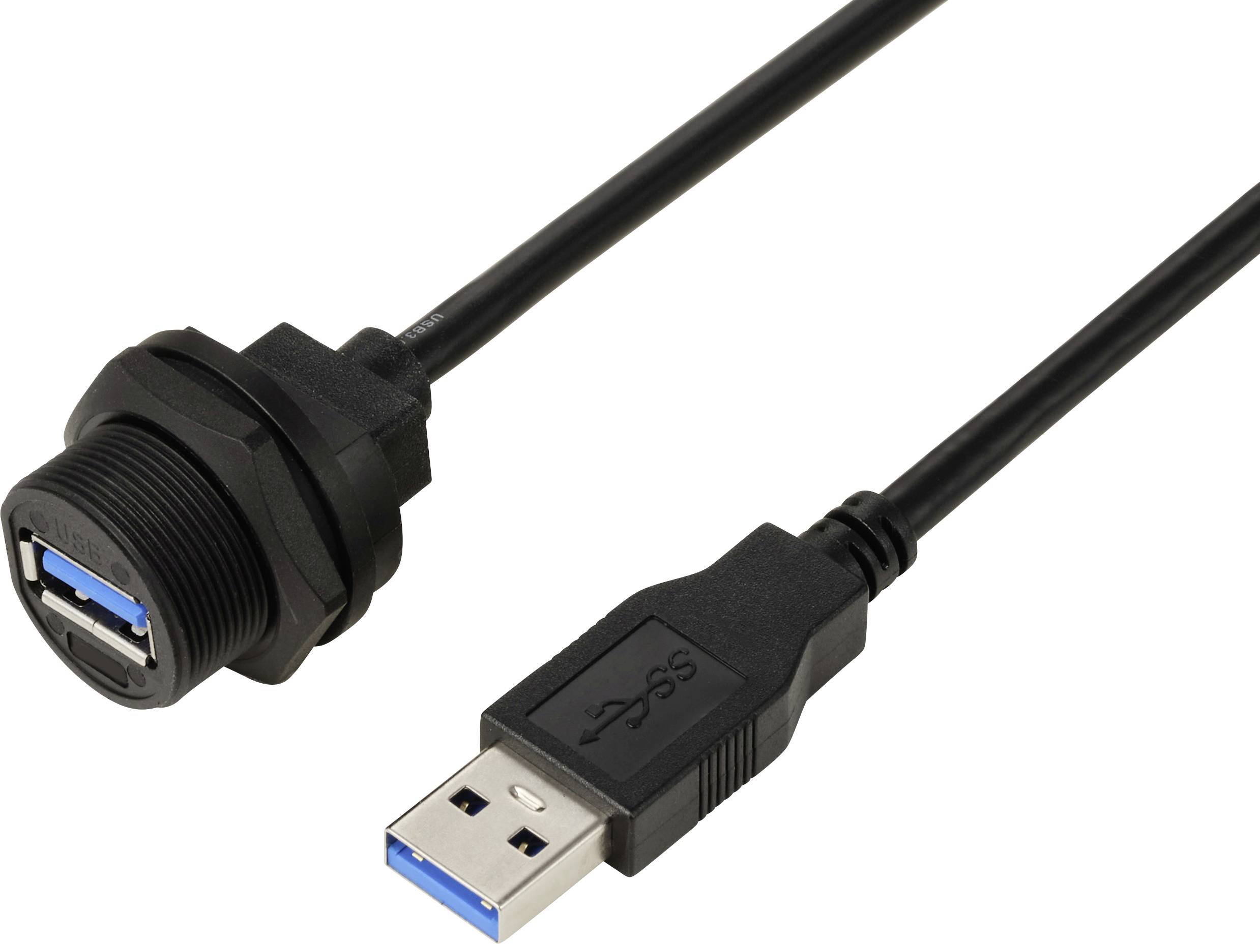 USB 3.0-kabel med kontakt. Vänster kontakt fast monterad, höger kontakt lös med USB-kontakt. Lämplig för dataöverföring.