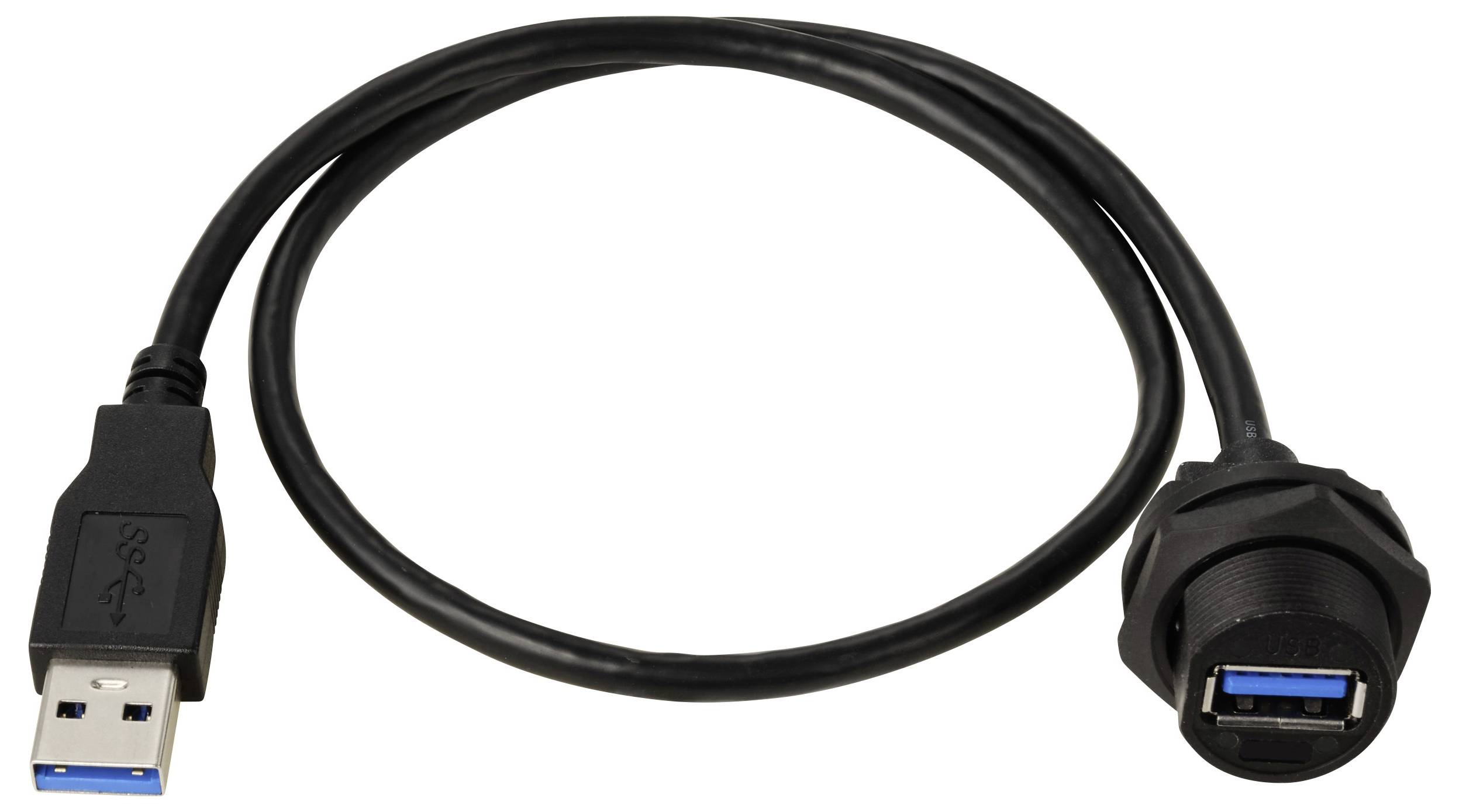 Ett svart USB-förlängningskabel med USB 3.0-anslutningar i båda ändar, en kontakt och ett uttag, mot en vit bakgrund.