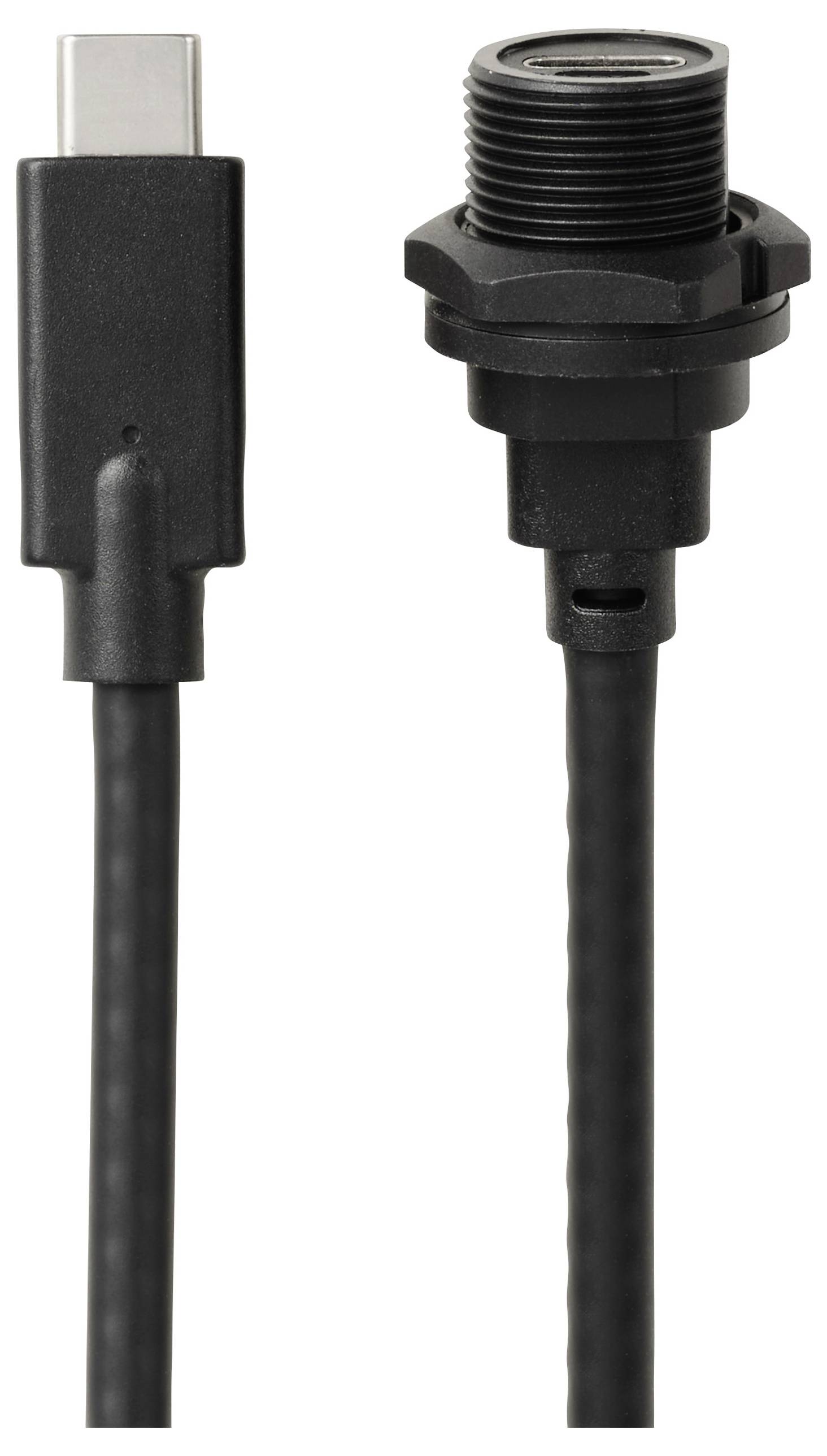 Ett svart USB-C-kabel med kontakt vänster och en skruvad hona höger, lämplig för robusta industriella tillämpningar.