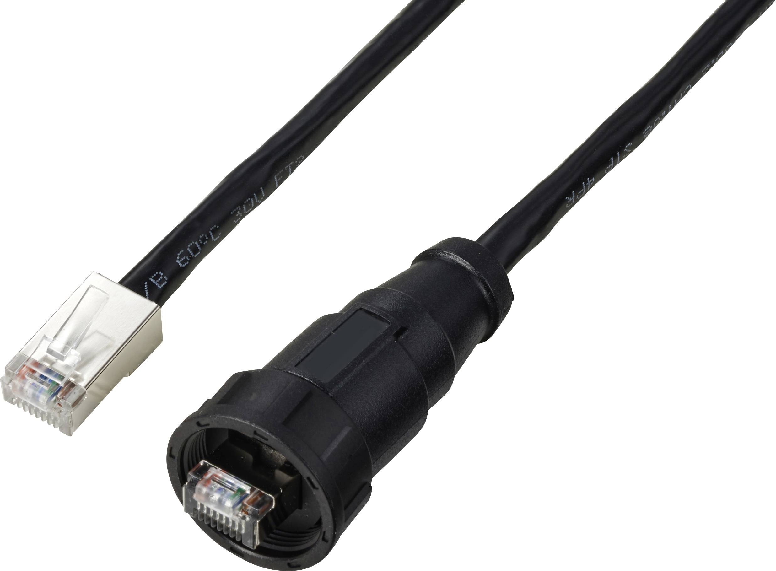 Svart Ethernet-kabel med RJ45-kontakt och industriell skyddshuv, lämplig för krävande miljöer.