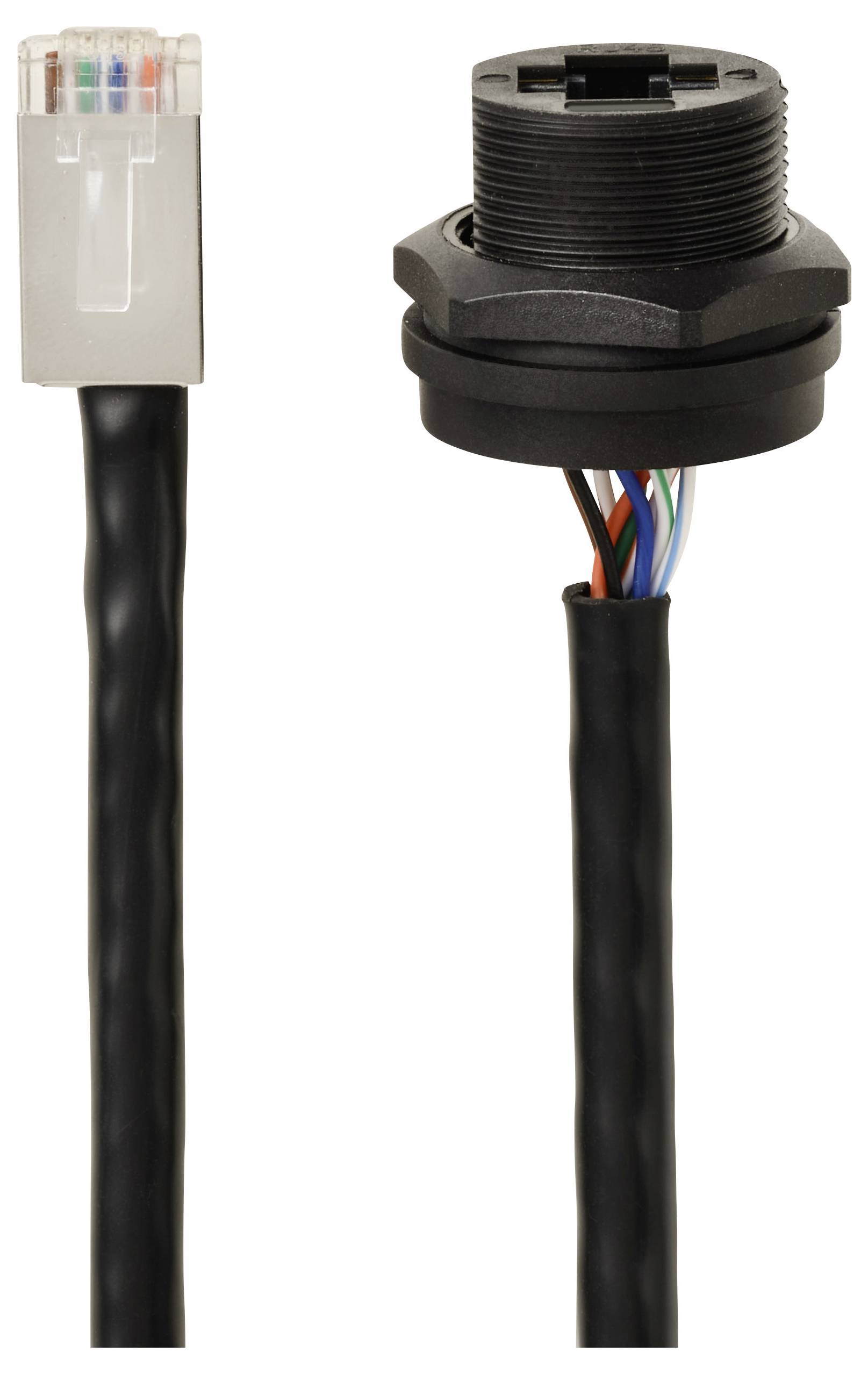 En Ethernet-kabel med en RJ45-kontakt och ett genomgående uttag, båda med färgade innerkablar synliga.