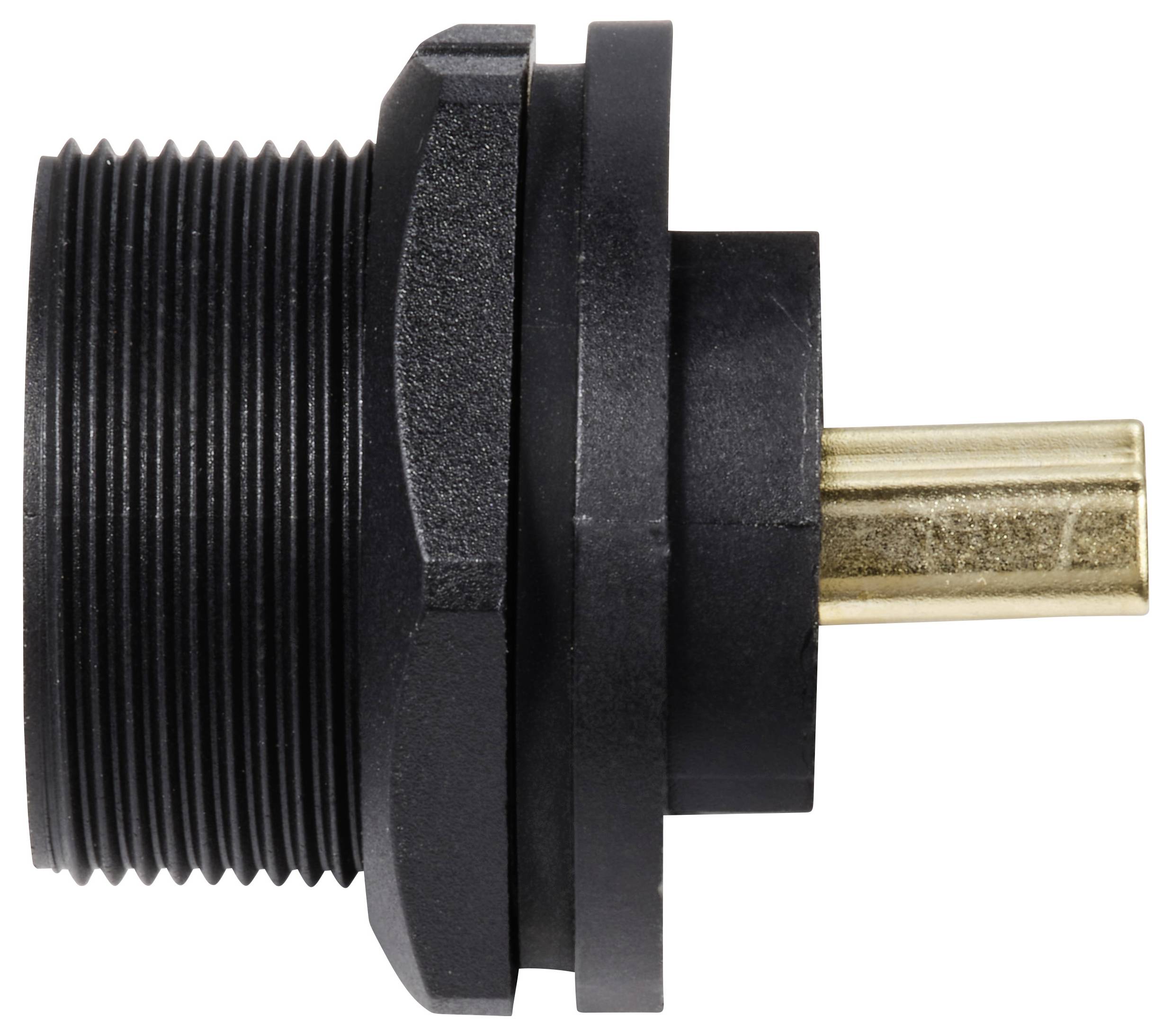 En svart, cylindrisk plastplugg med guldmetallspets, sannolikt en elektrisk eller mekanisk adapter.