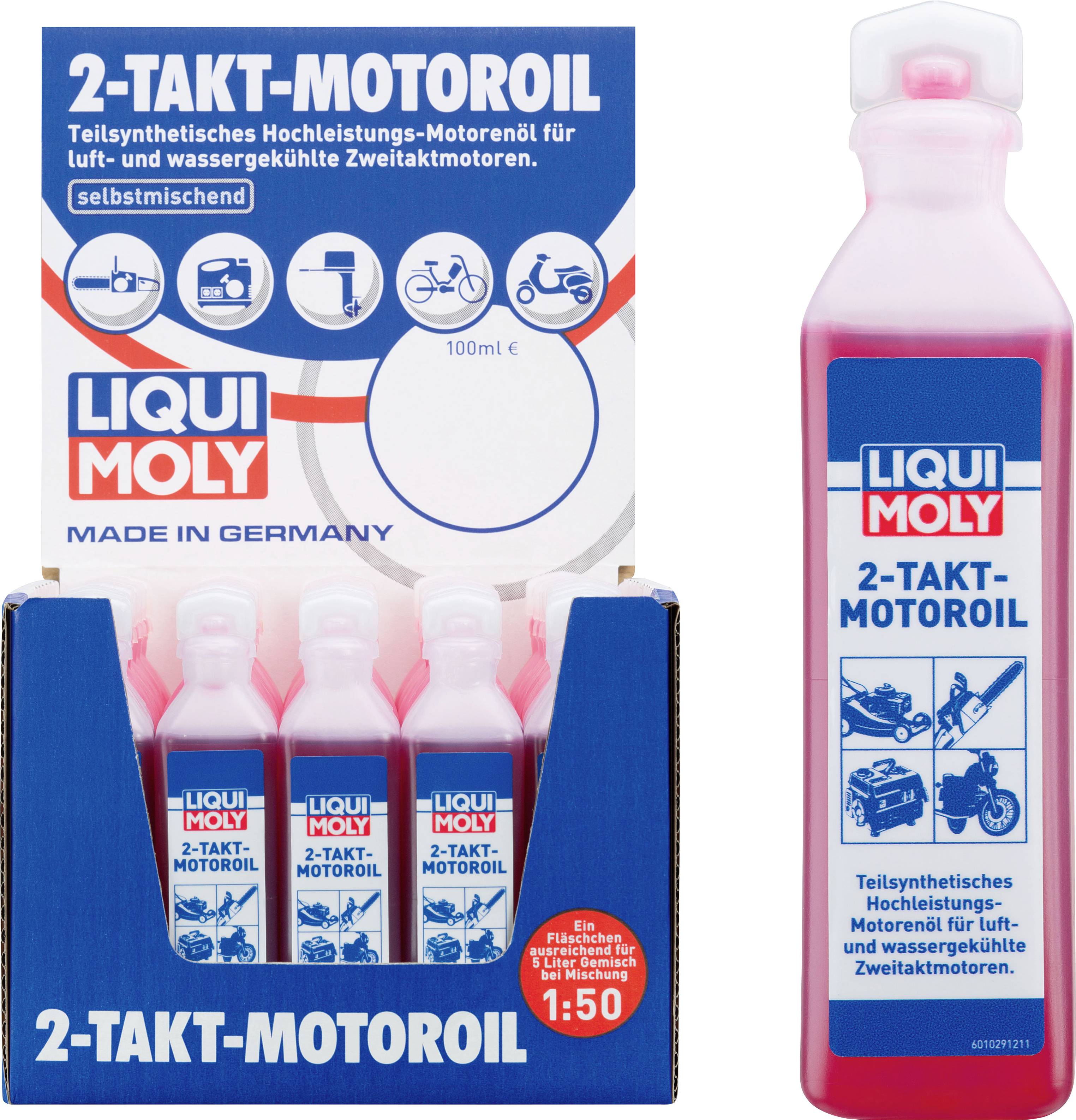 På bilden syns två förpackningar av Liqui Moly 2-takts motorolja. Till vänster fyra flaskor i en låda, till höger en enskild flaska.