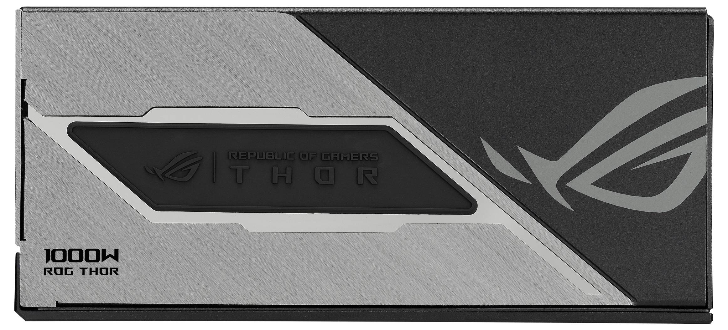 Svart och silver datorströmförsörjning med logotypen 'ROG Thor'. Modellnumret '1000W' är synligt i det vänstra nedre hörnet.