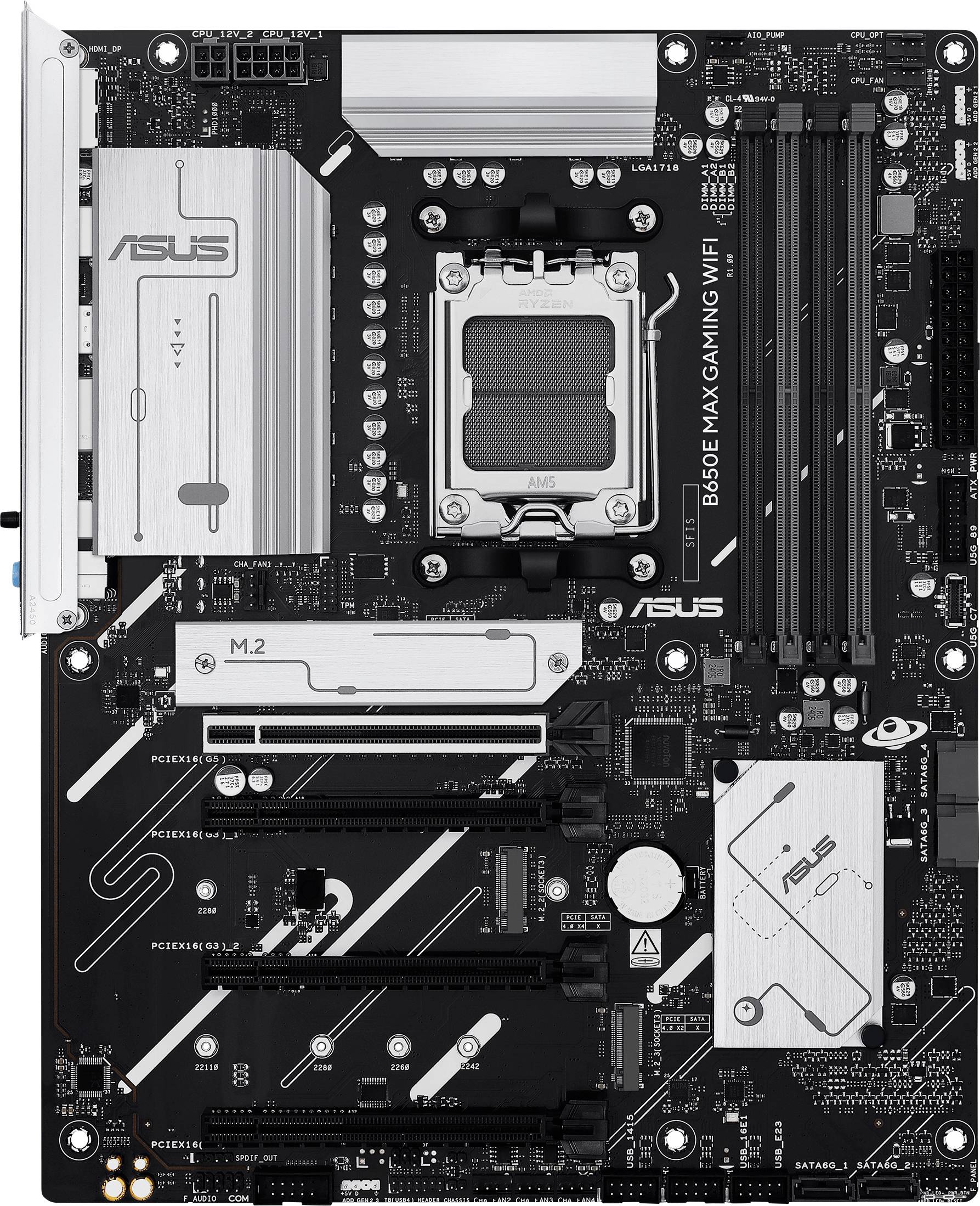 Moderkort med flera PCIe-platser, RAM-kortplatser och avancerade kylflänsar. Lämplig för gaming och krävande tillämpningar.
