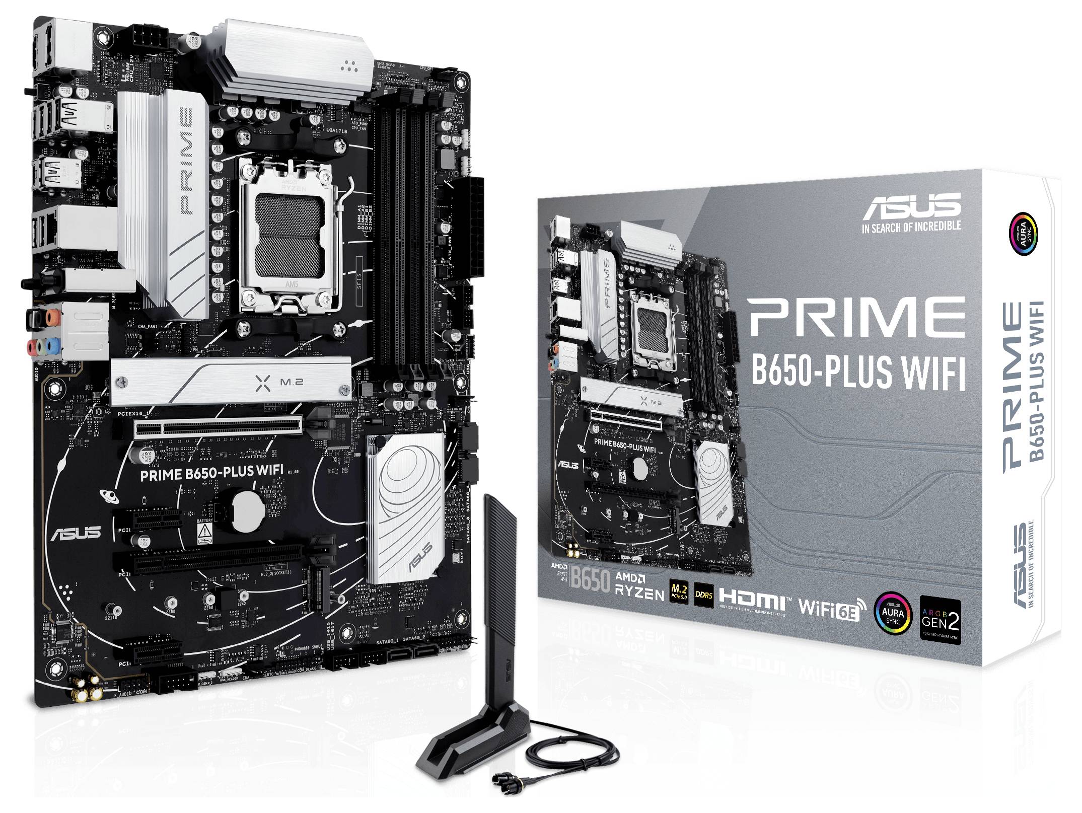ASUS PRIME B650-PLUS WIFI Moderkort med förpackning. Innehåller stöd för AMD Ryzen, HDMI, WiFi6 och diverse specifikationer.