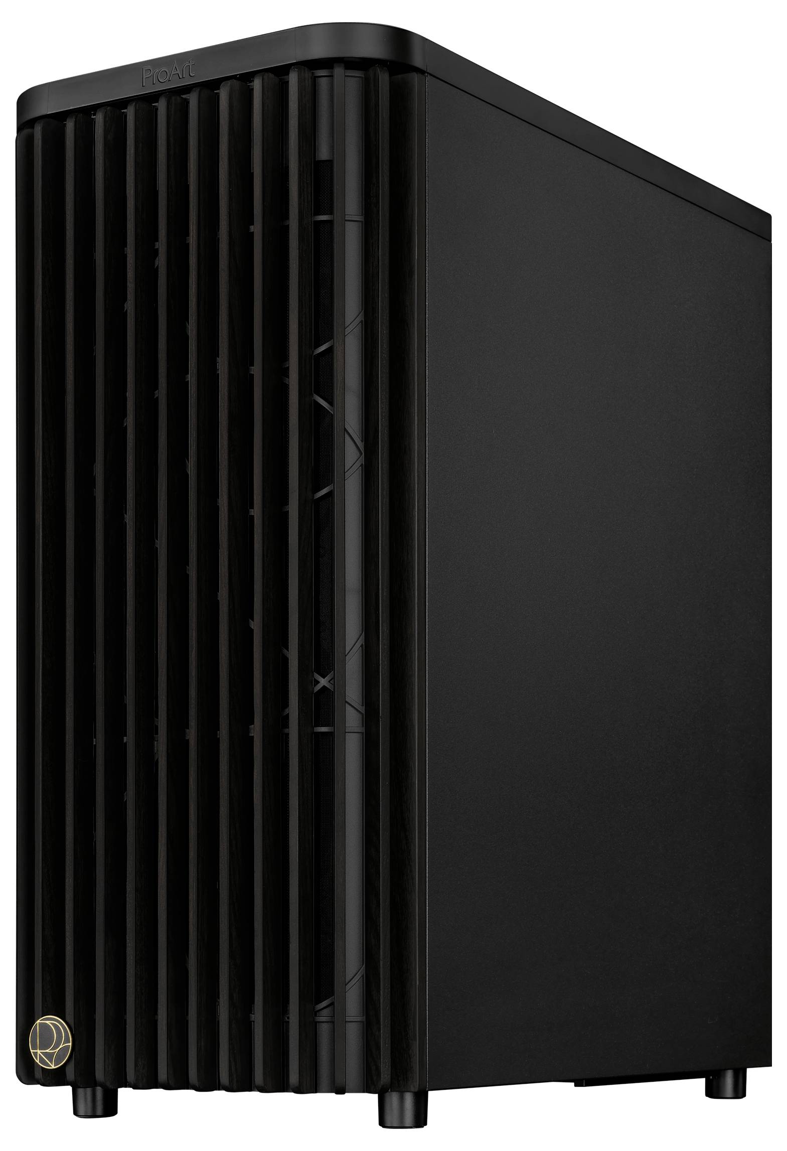 Svart datorlåda med vertikala ventilationsöppningar på framsidan och minimalistisk design, vilande på fyra fötter.