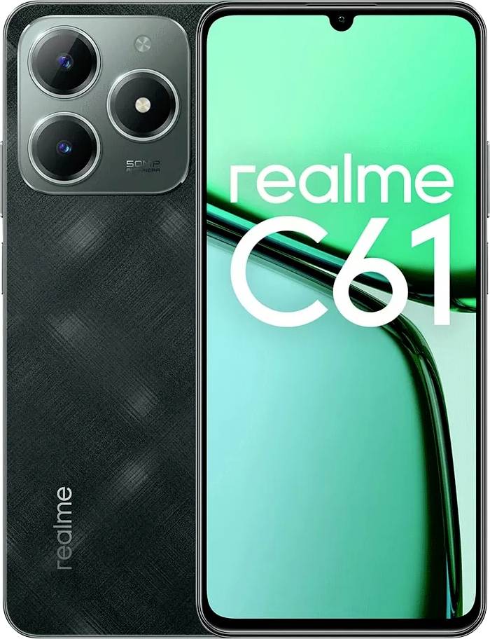 En smartphone med texten 'realme C61'. Den visar en modern design med ett centrerat vattenfalls-notch-skärm och kamerainställningar.