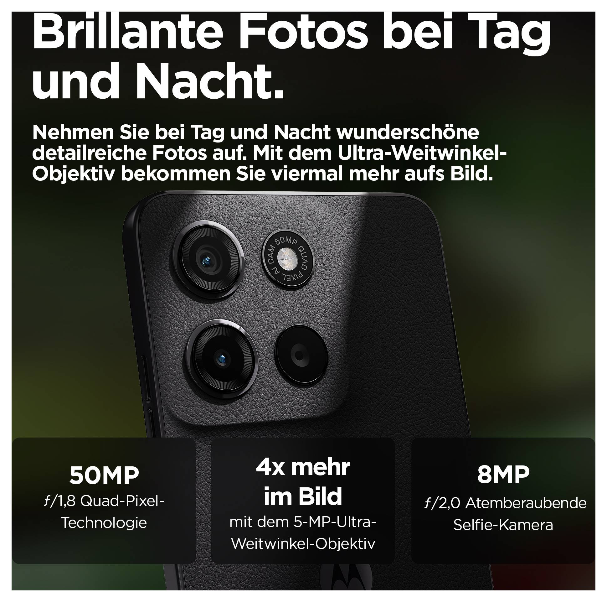 En svart Motorola-smartphone med 'motorola' och logotyp på skärmen. Modell: moto g. Skärmen visar abstrakta röda vågor.