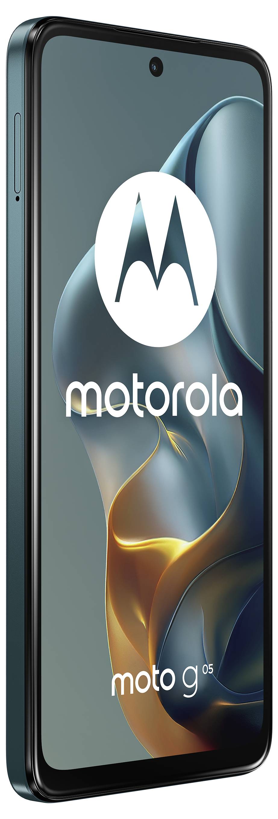 En smartphone som visar Motorola-logotypen och modellnamnet "moto g 5G" på skärmen, med en snygg svart ram och teal-accenter.