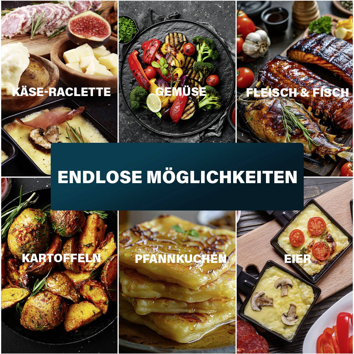 Bilden visar sex kulinariska möjligheter: 'Ost-Raclette', 'Grönsaker', 'Kött & Fisk', 'Potatis', 'Pannkakor' och 'Ägg'. Text i mitten: 'Oändliga möjligheter'.