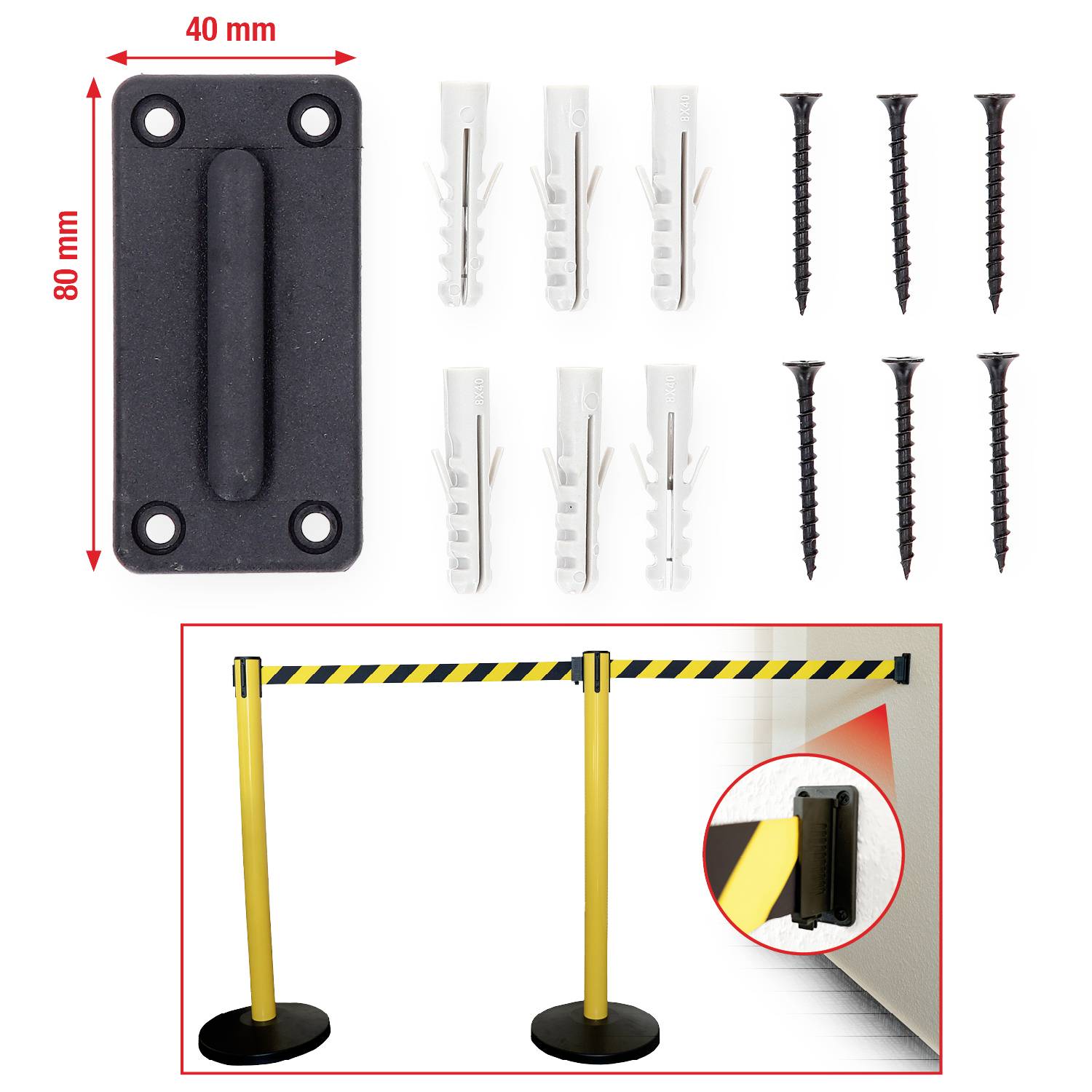 Gul-svart avspärrning med monteringsset, inklusive skruvar, pluggar och fäste. Fästets storlek: 40x80 mm.