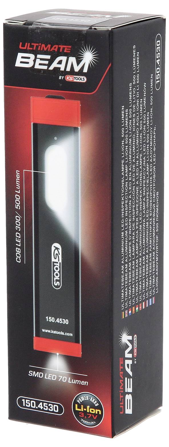 'Ultimate Beam' LED-ficklampa i förpackning. Detaljer: 500 Lumen, SMD LED, 70 Lumen; Li-Ion batteri. Design i röd-svart.