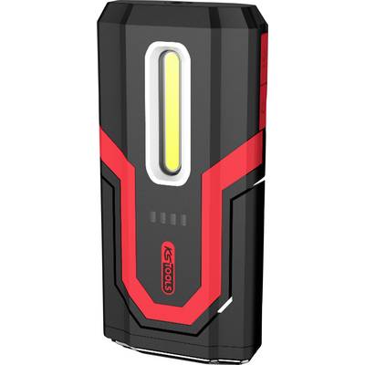 Bärbar LED-arbetslampa med svart hölje och röda accenter. Logotyp 'KS Tools' fram. Energistatus visad med fyra staplar.