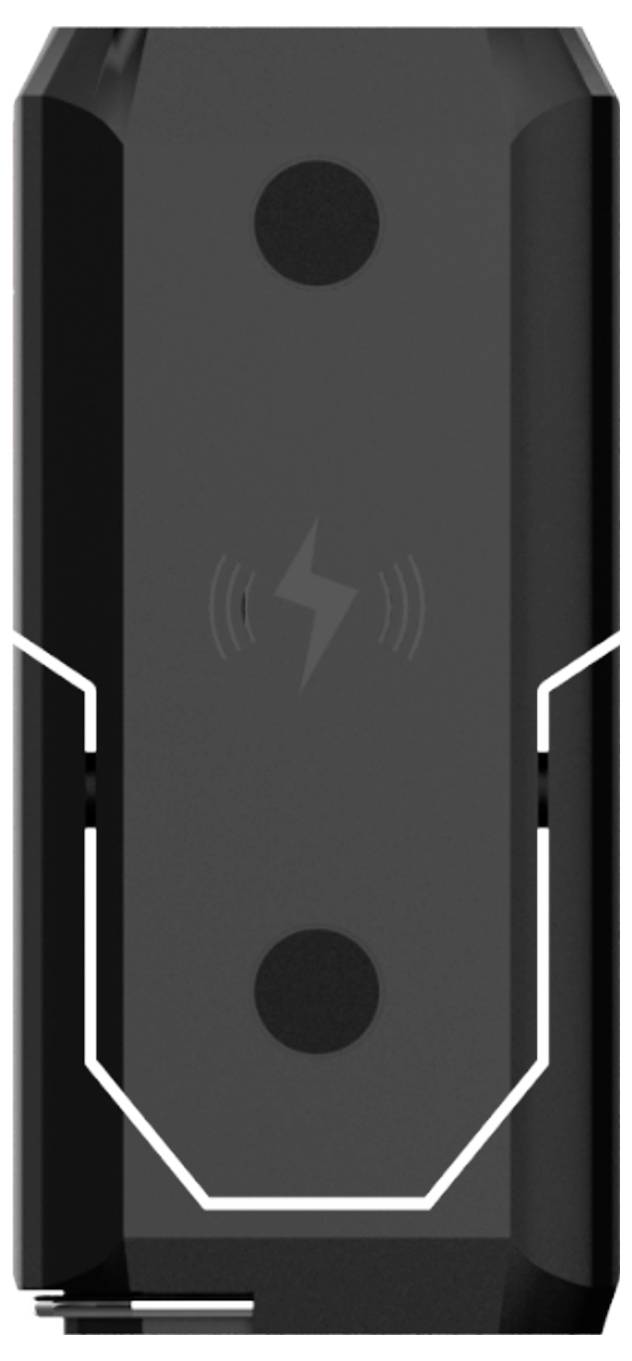 Svart, rektangulärt enhetsapparat med två svarta cirklar och en blixtsymbol, sannolikt en trådlös laddare.