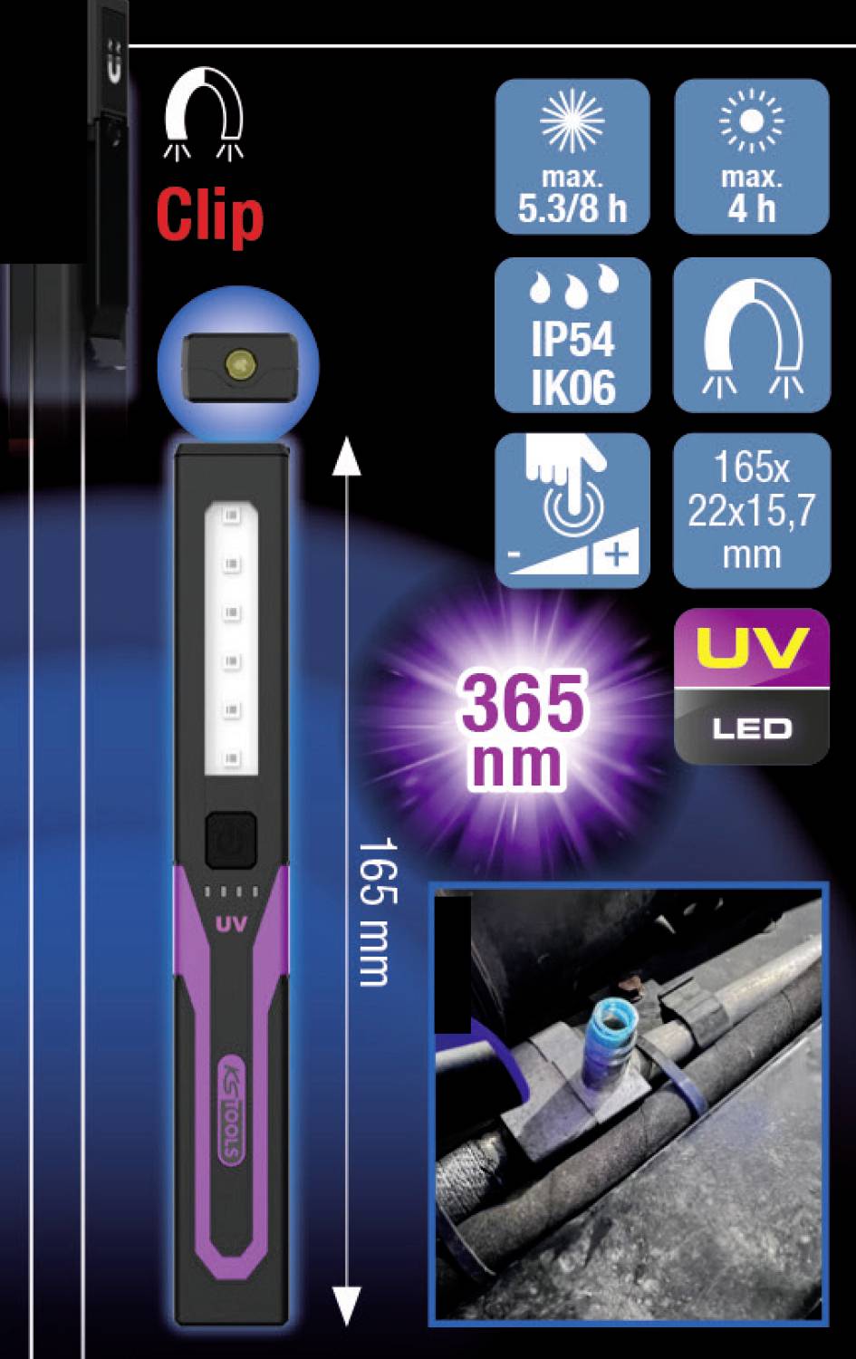 Bärbar UV-LED-lampa med clip, 365 nm UV-ljus, IP54, IK06, drifttid upp till 4 timmar. Dimensioner: 165 x 22 x 15,7 mm.