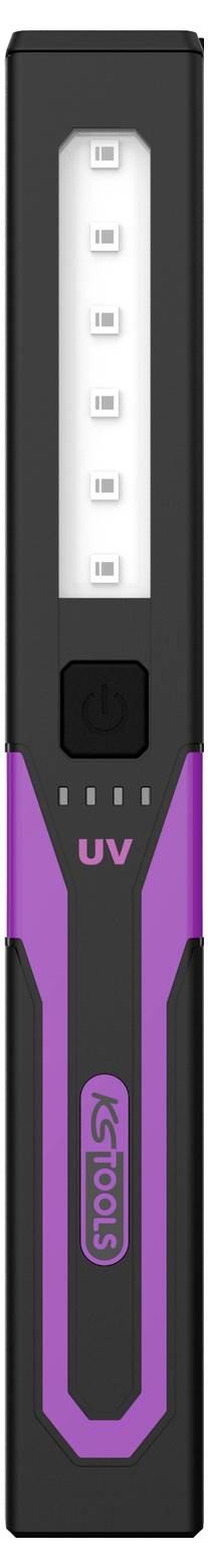 Bärbar UV-handlampa i lila och svart med fem LED-lampor, lämplig för desinfektionsändamål.