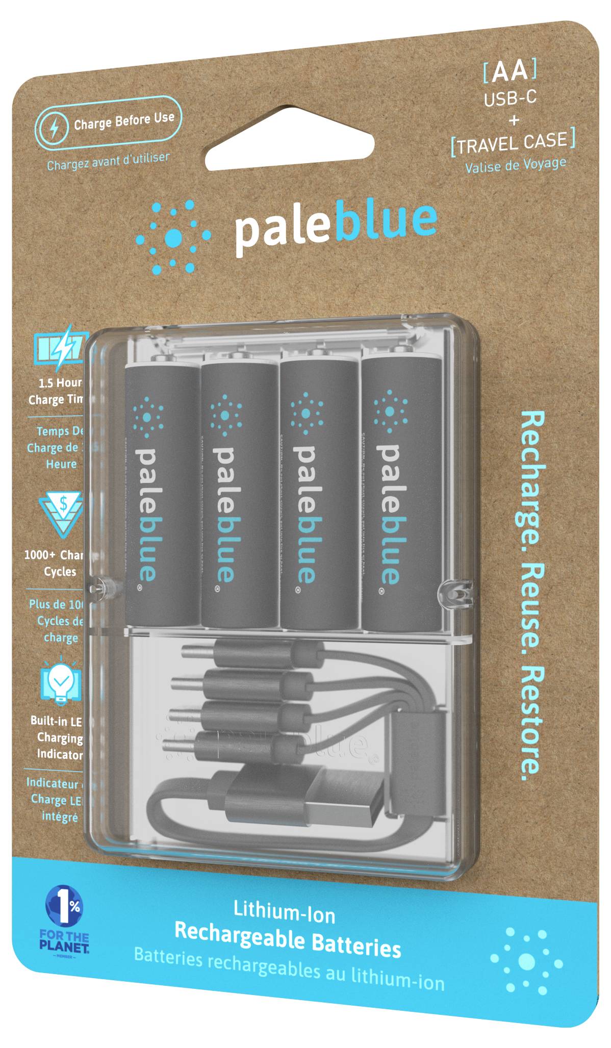 Lithium-jon-batterier från märket paleblue, 4-pack med USB-C-laddare. Laddningsbara, miljövänliga, i förpackning.