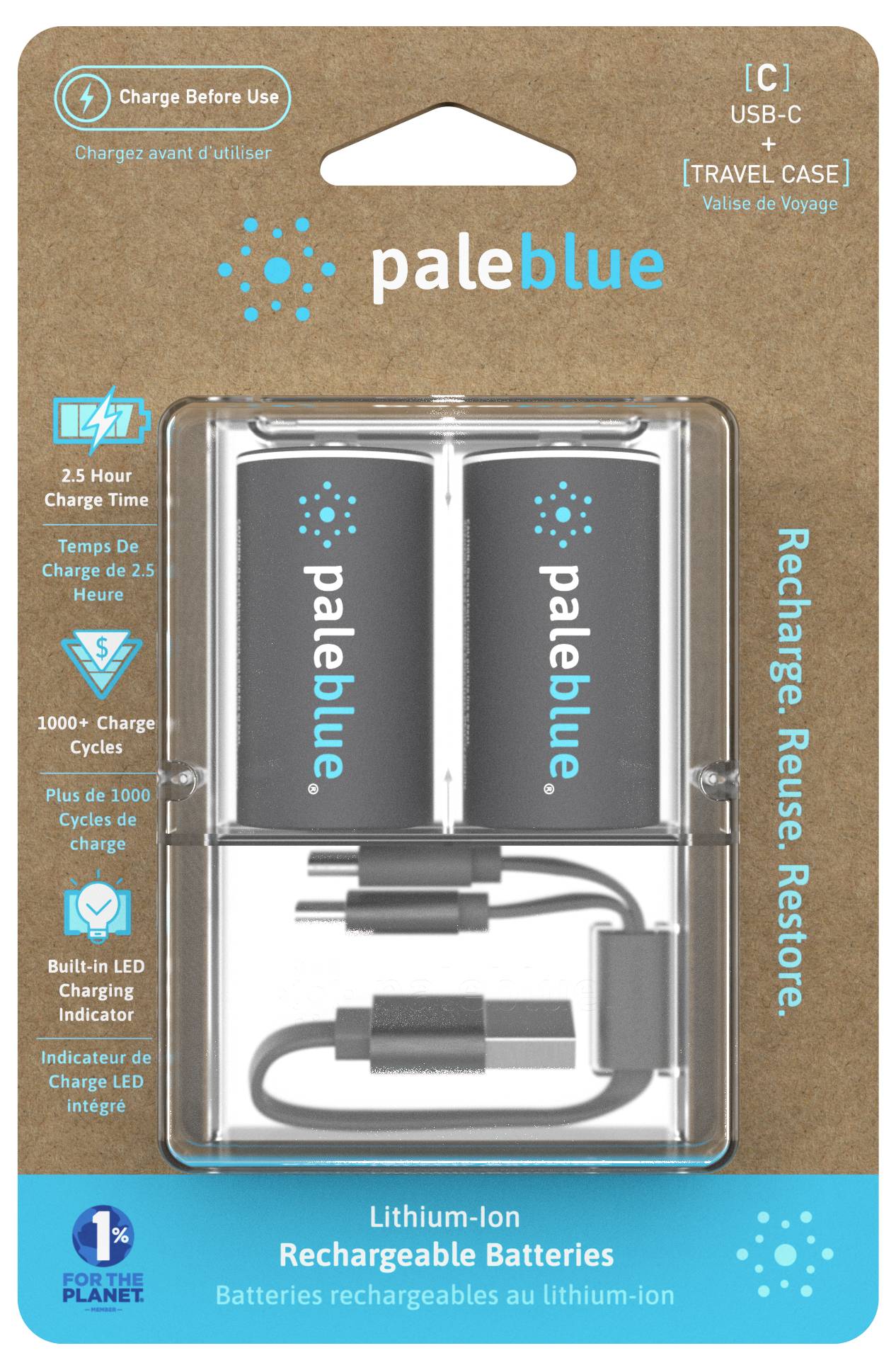 Paleblue laddningsbara litiumjonbatterier, USB-C, 2,5 timmars laddningstid, över 1000 laddningscykler, inbyggd LED-laddningsstatus.