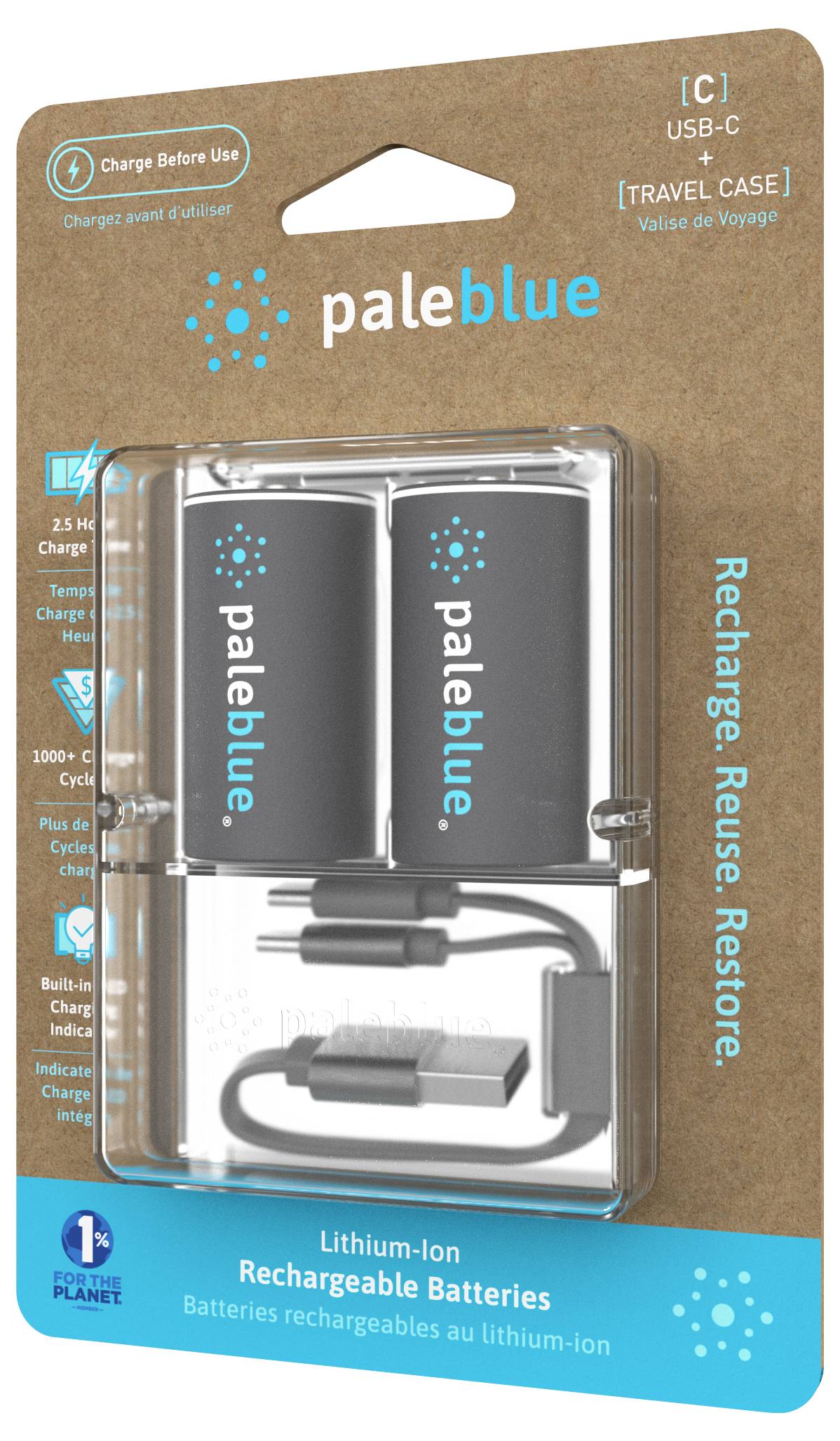 Laddningsbara batterier från 'paleblue' med USB-C-kabel och resefodral, förpackade i en miljövänlig kartong.