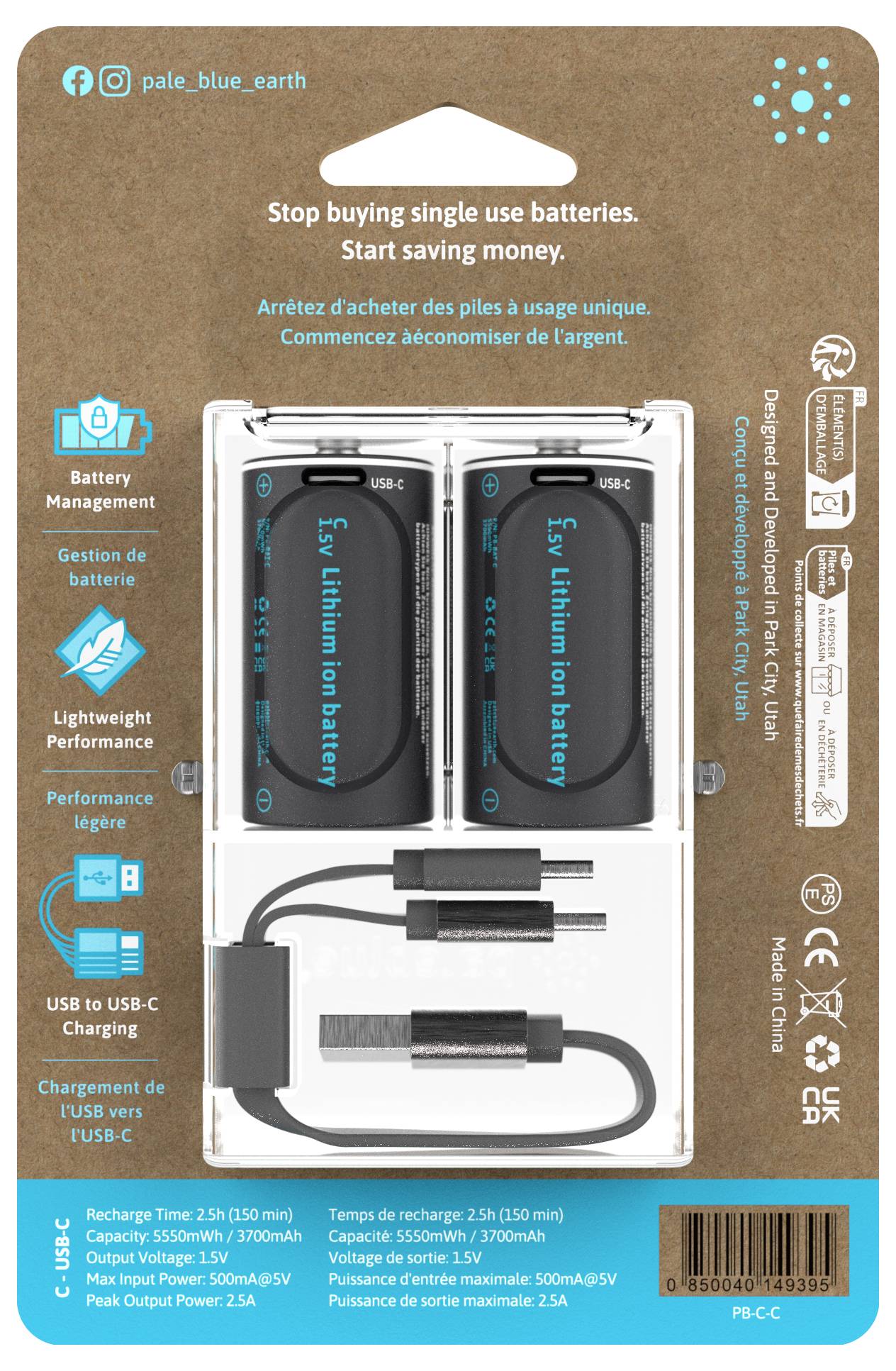 Laddningsbart batteriset med USB-C-laddkabel, batteristyrningssystem och snabbladdningsfunktion i miljövänlig förpackning.
