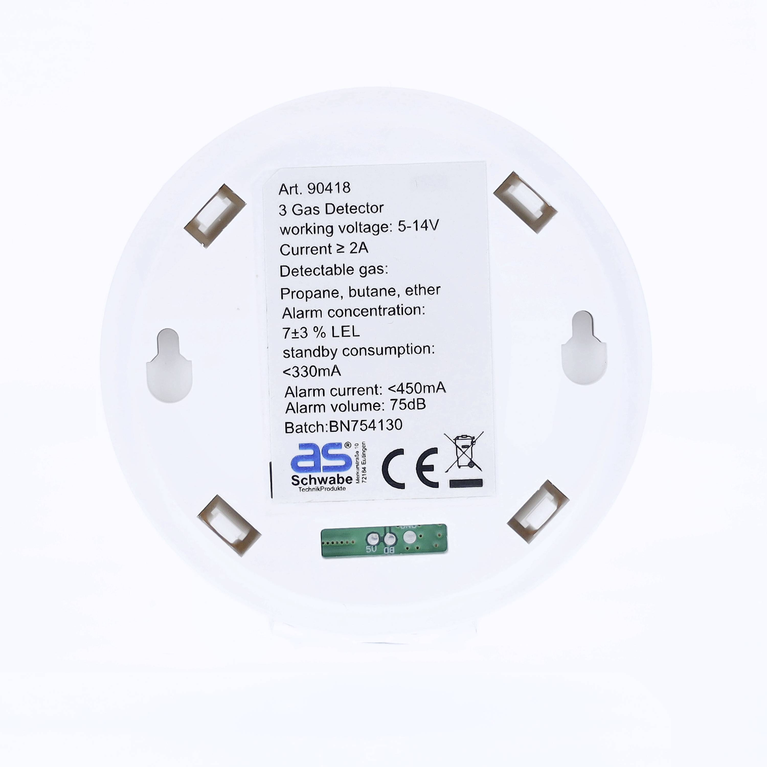 Baksida av en gasdetector med tekniska specifikationer: Driftström 5-14V, Detekterbara gaser: Propan, Butan, Larmvolym: 75 dB.
