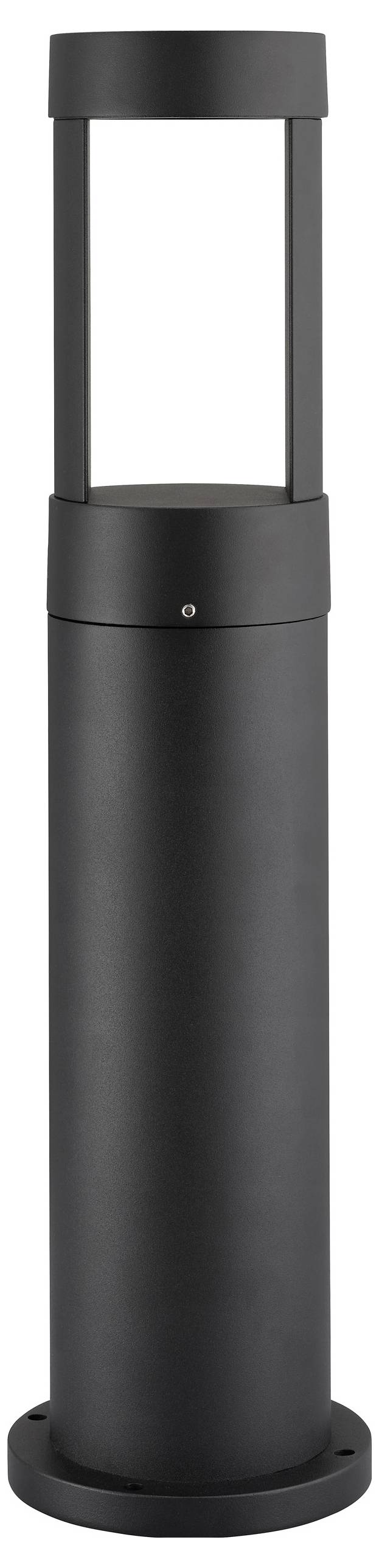 En svart cylindrisk utomhuslampa med en öppen design överst.