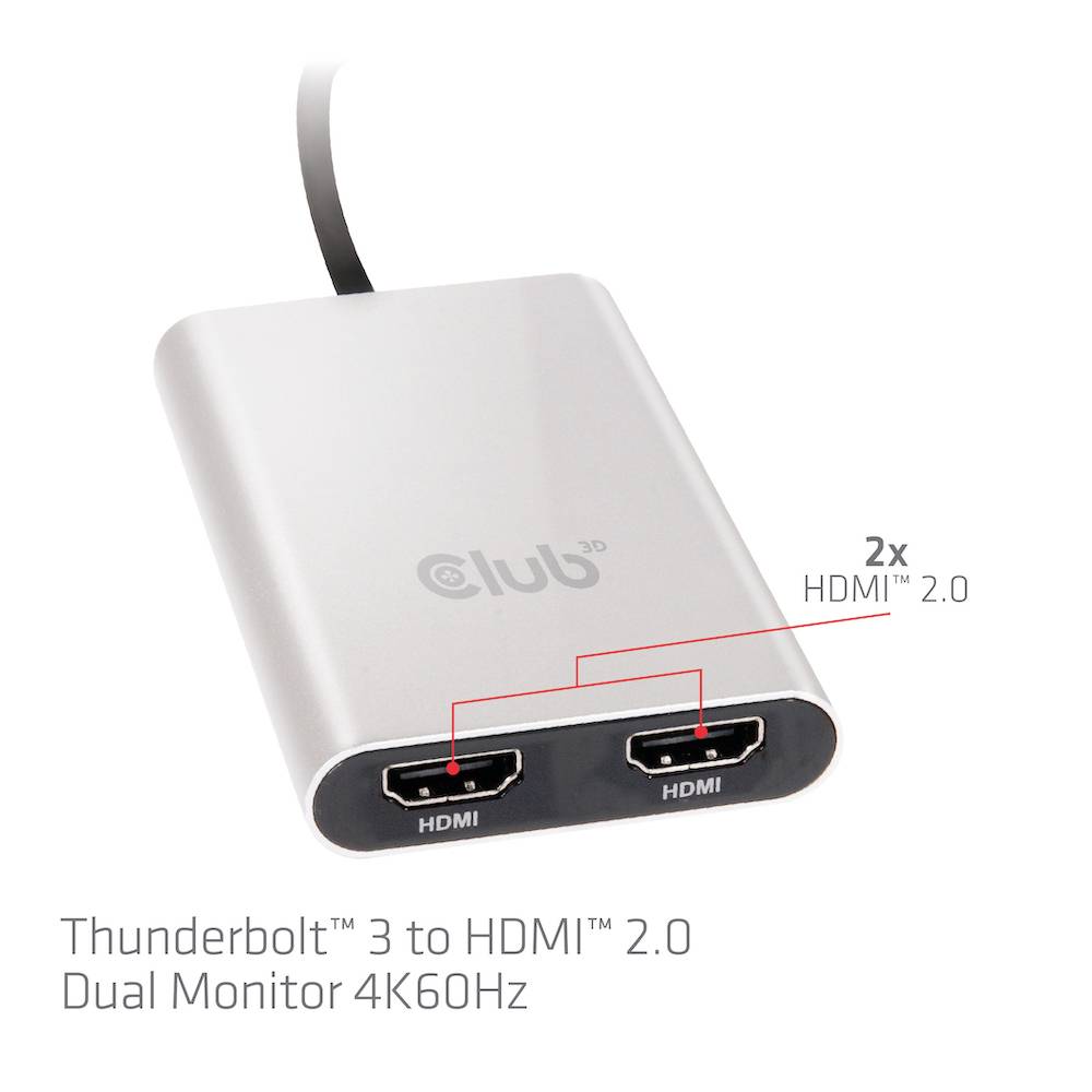 Adapter i silverfärg med två HDMI-anslutningar, märkt som '2x HDMI 2.0'. Text: 'Thunderbolt 3 till HDMI 2.0, Dubbel Monitor 4K60Hz'.