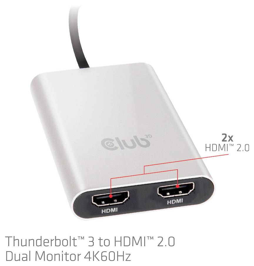 En silverfärgad adapter med svart kabel erbjuder två HDMI 2.0-portar för Thunderbolt 3 som stöder dubbla skärmar i 4K vid 60 Hz.