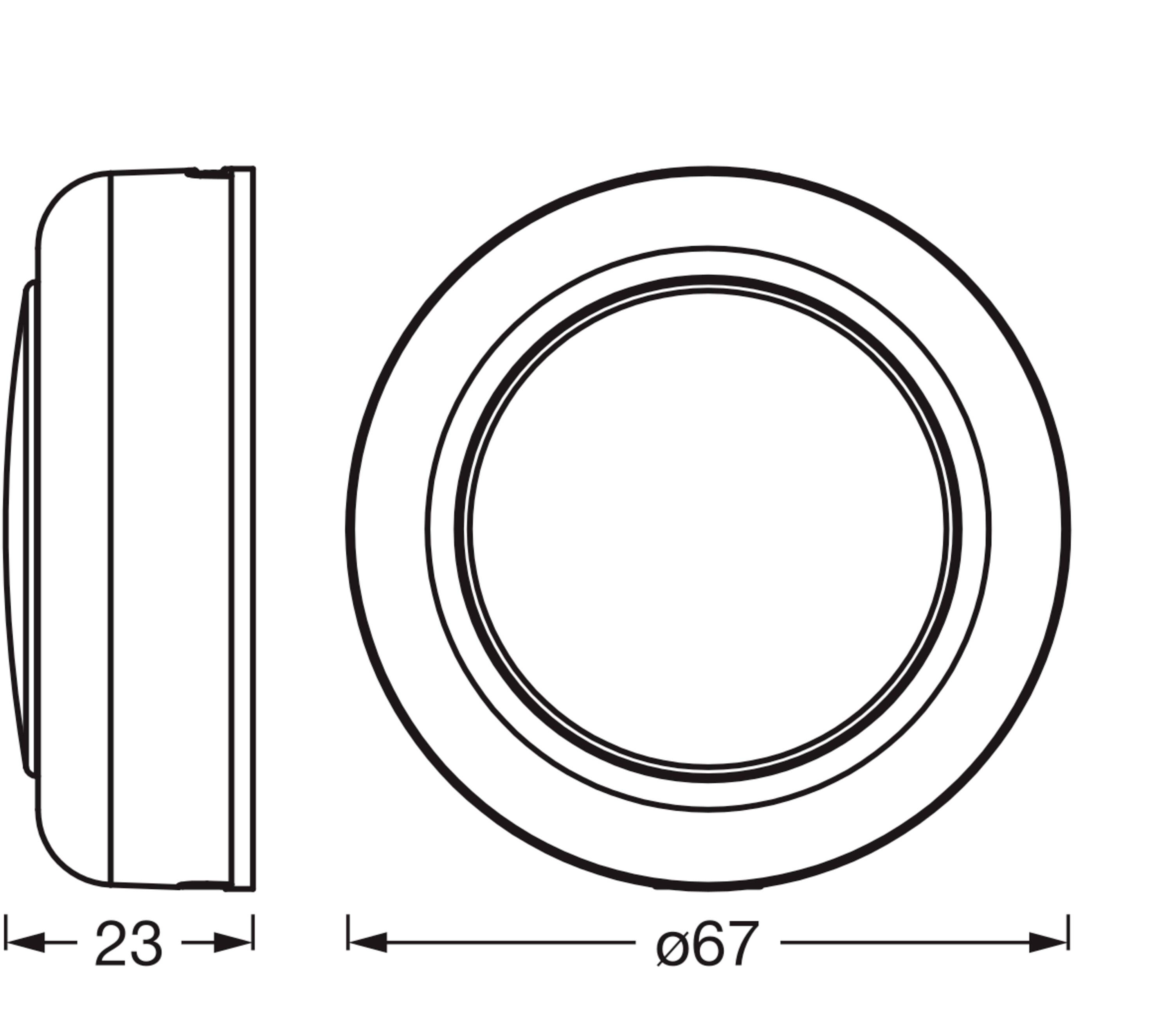 Teckning av ett runt objekt med 67 mm diameter och 23 mm djup. Vy framifrån och från sidan.