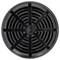 En svart, rund högtalarskydd med koncentriska ringar och radiella stöttor.