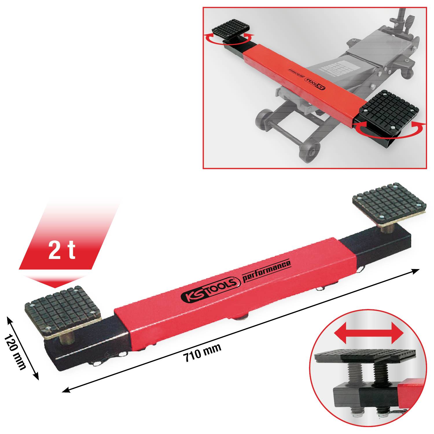 Verktyg för axelförskjutning med röd-svart design, 710 mm längd, för två tons last. Visar justerbara fotplattor.