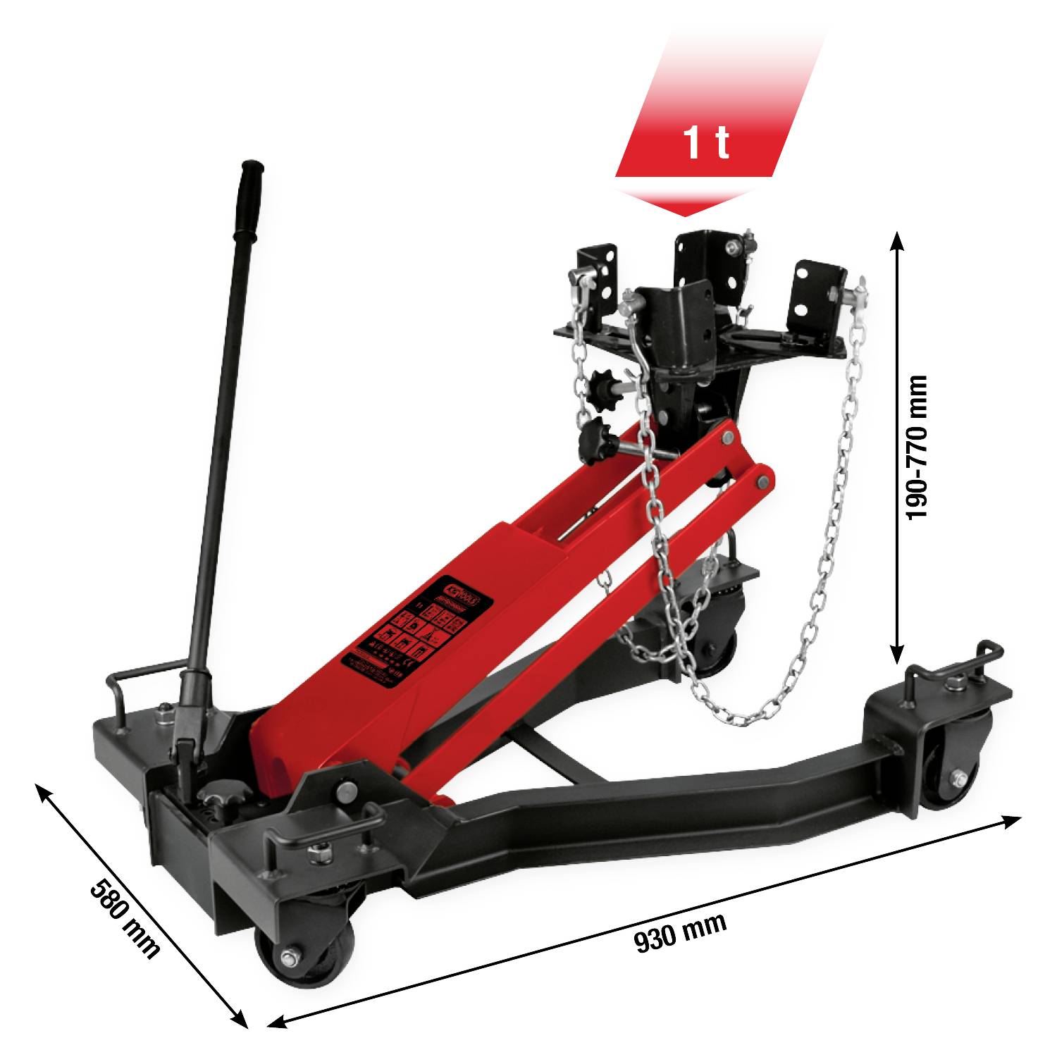 Hydraulisk transmissionslyftutrustning med en kapacitet på 1 ton, mått 930 mm x 580 mm, höjdjusterbar 940-1790 mm, inklusive kedja.