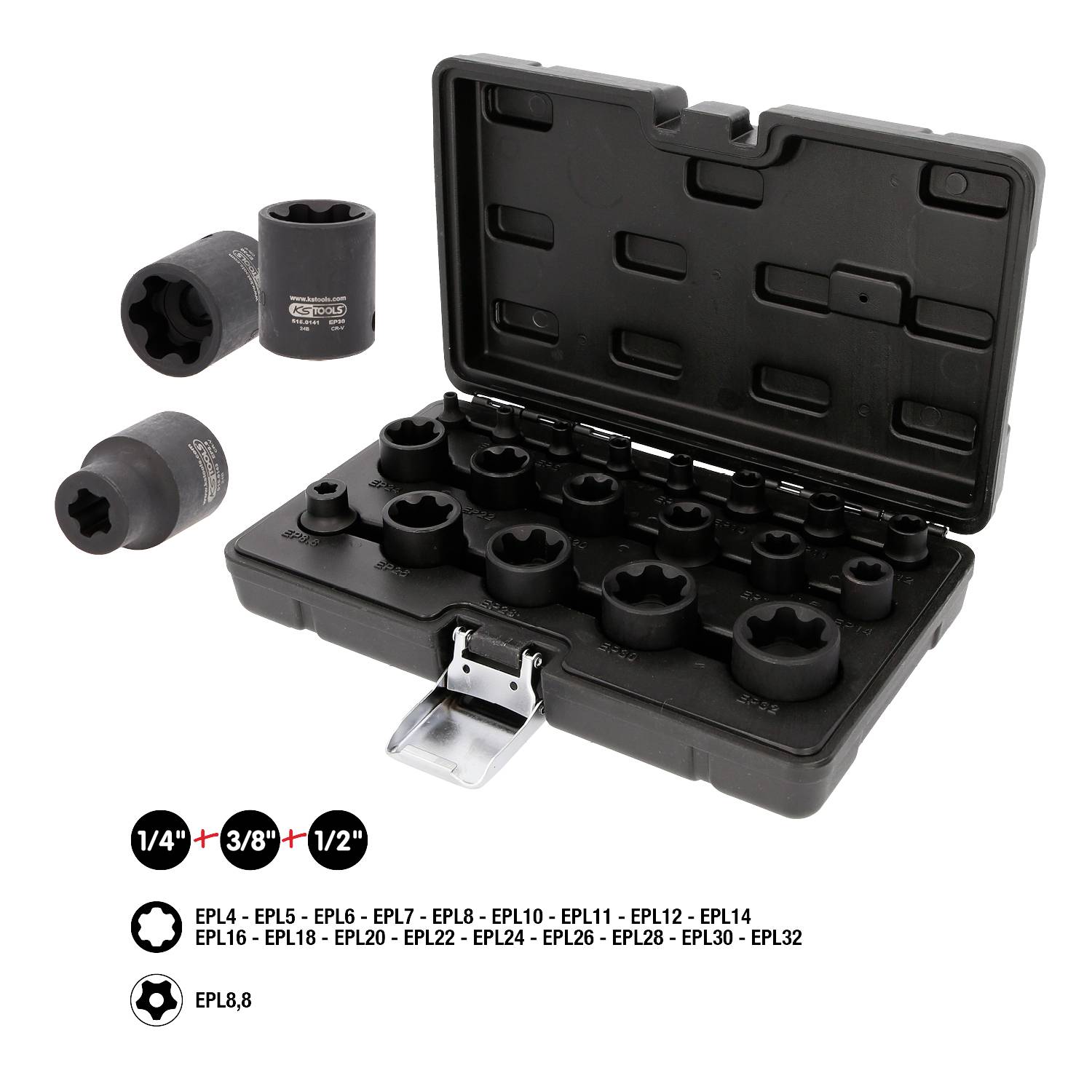 En öppen svart verktygslåda med metriska hylsnycklar i olika storlekar; några ligger lösa bredvid.