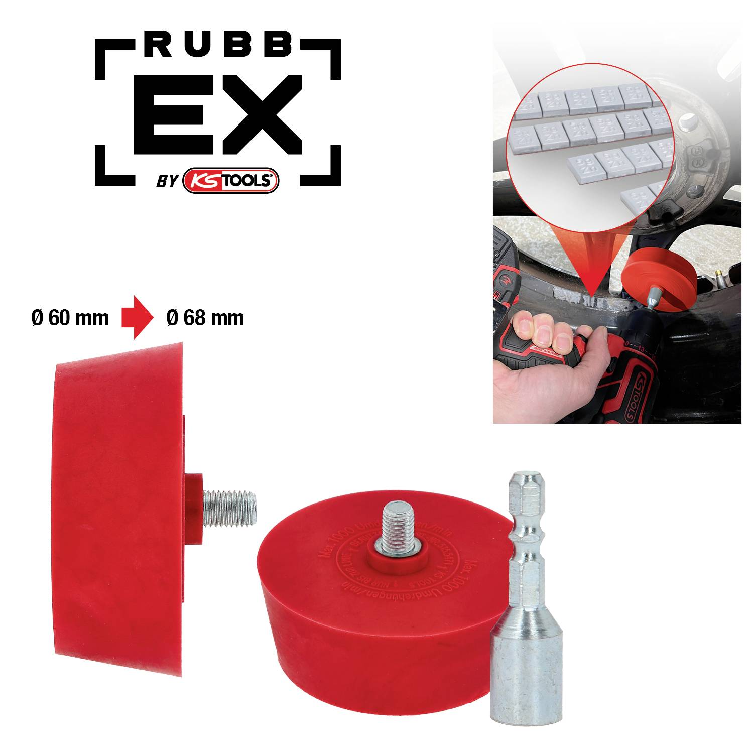 Röd gummiski för fälgrengöring. Illustrationen visar användning på ett hjul med hjälp av en borr. Produktnamn 'RubbEx' från KS Tools.